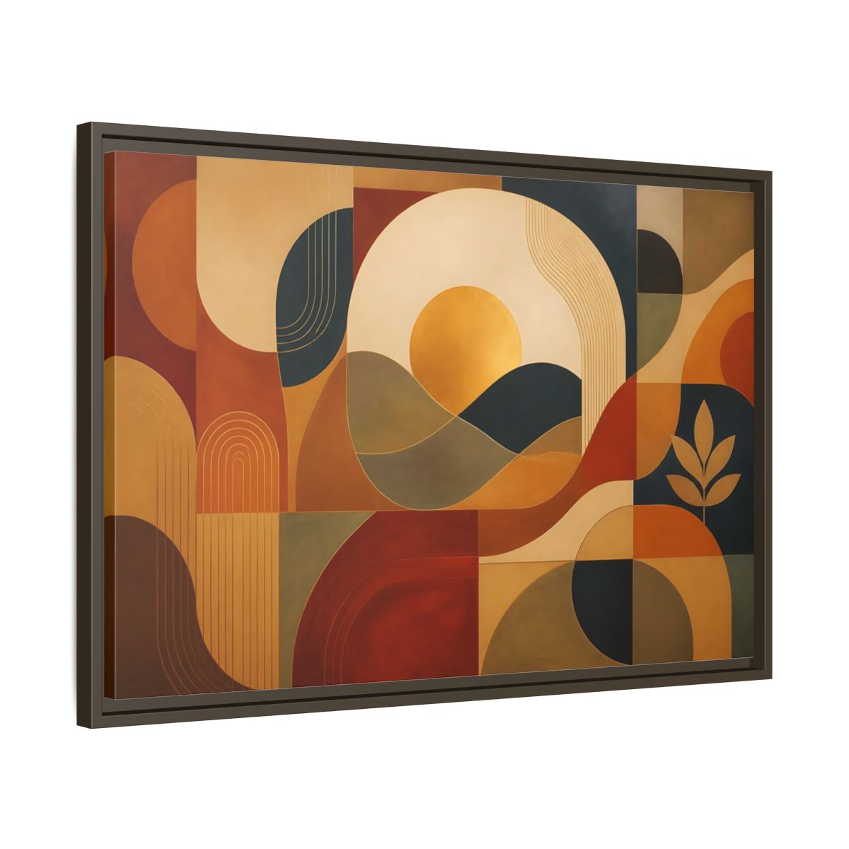 Side Mockup 11. Abstract Golden Sunscape shown as framed canvas print