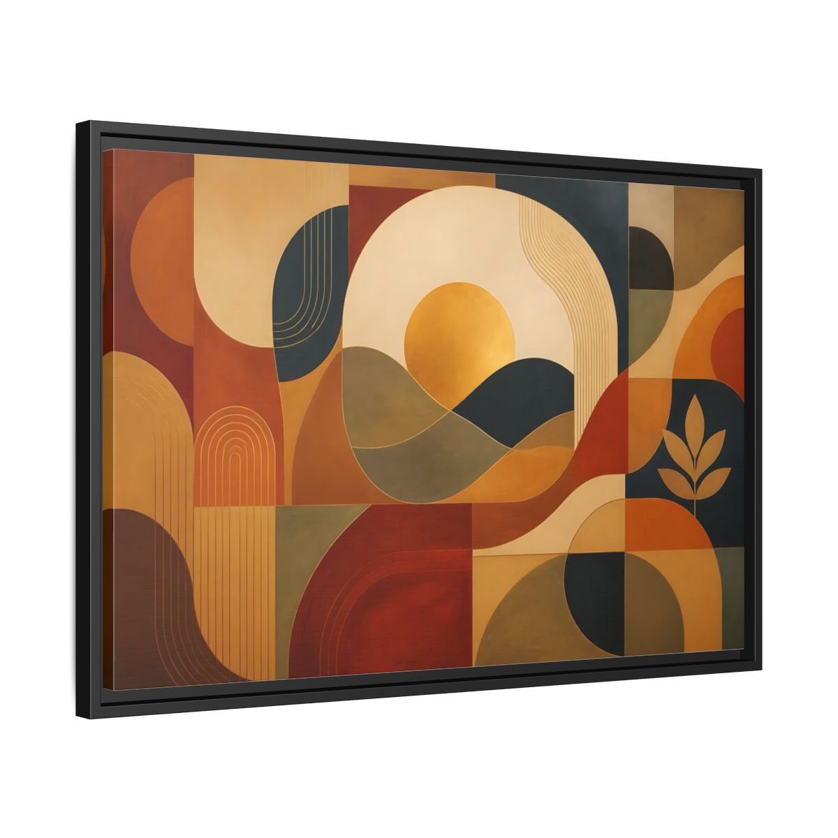 Side Mockup 14. Abstract Golden Sunscape shown as framed canvas print