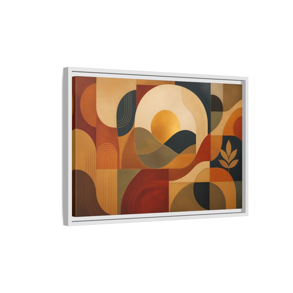 Side Mockup 1. Abstract Golden Sunscape shown as framed canvas print