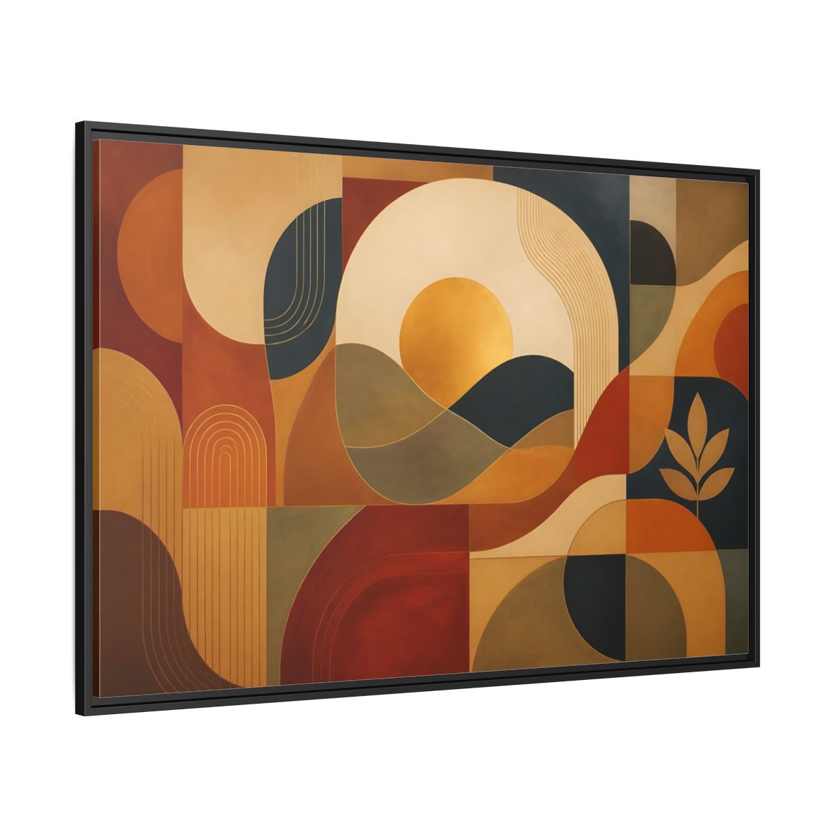 Side Mockup 12. Abstract Golden Sunscape shown as framed canvas print