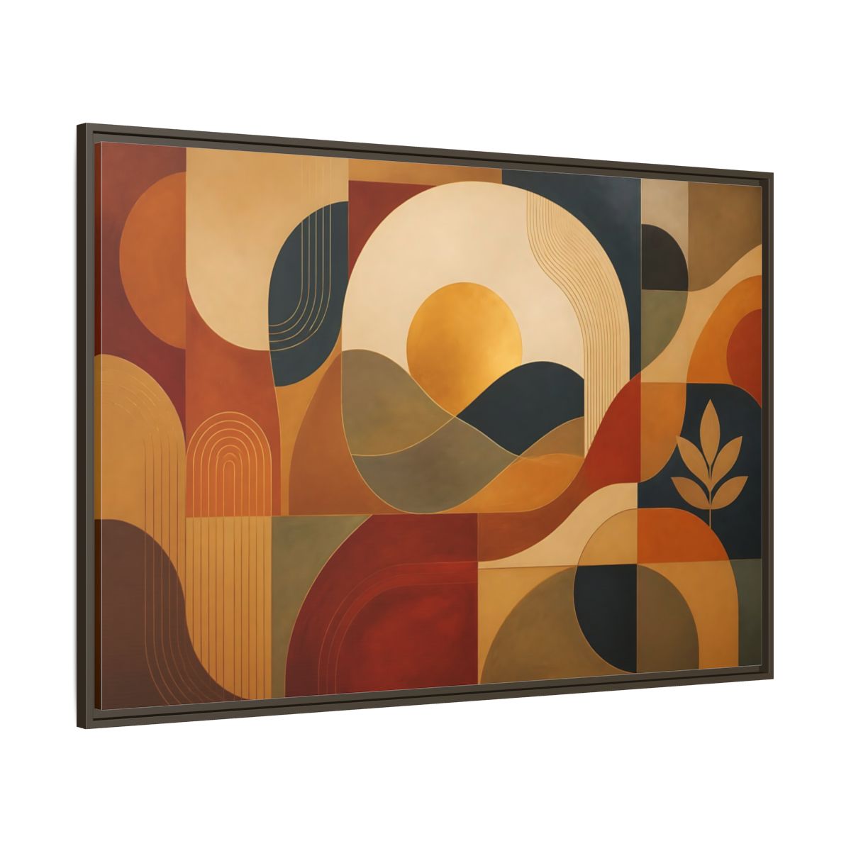 Side Mockup 8. Abstract Golden Sunscape shown as framed canvas print