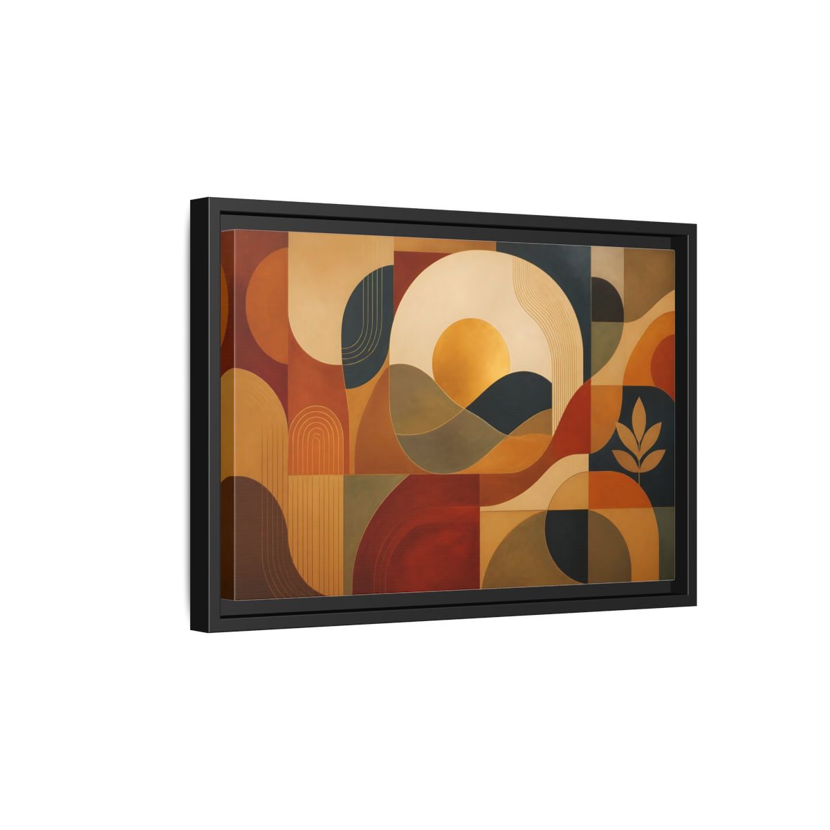 Side Mockup 6. Abstract Golden Sunscape shown as framed canvas print