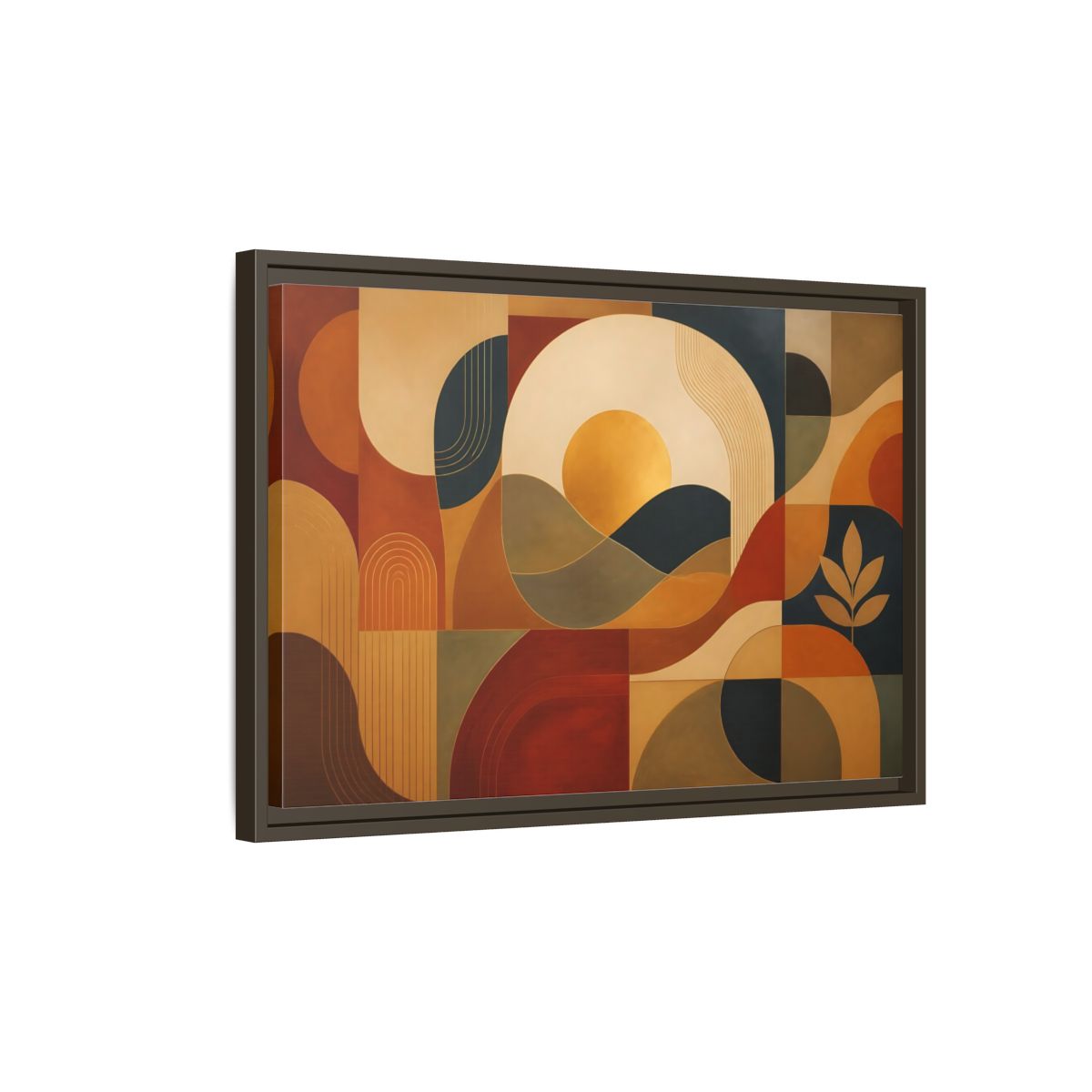 Side Mockup 2. Abstract Golden Sunscape shown as framed canvas print