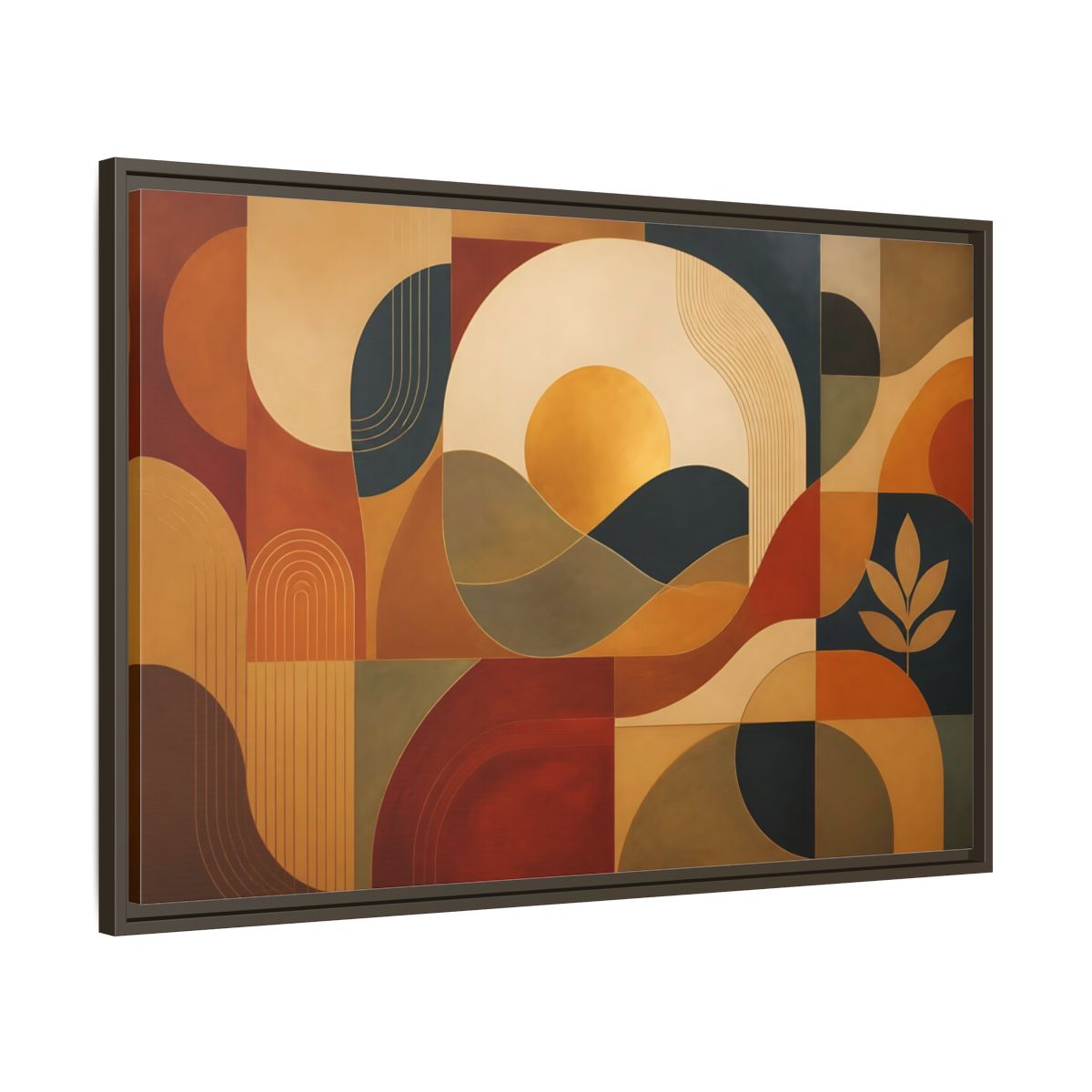 Main Mockup. Abstract Golden Sunscape shown as framed canvas print