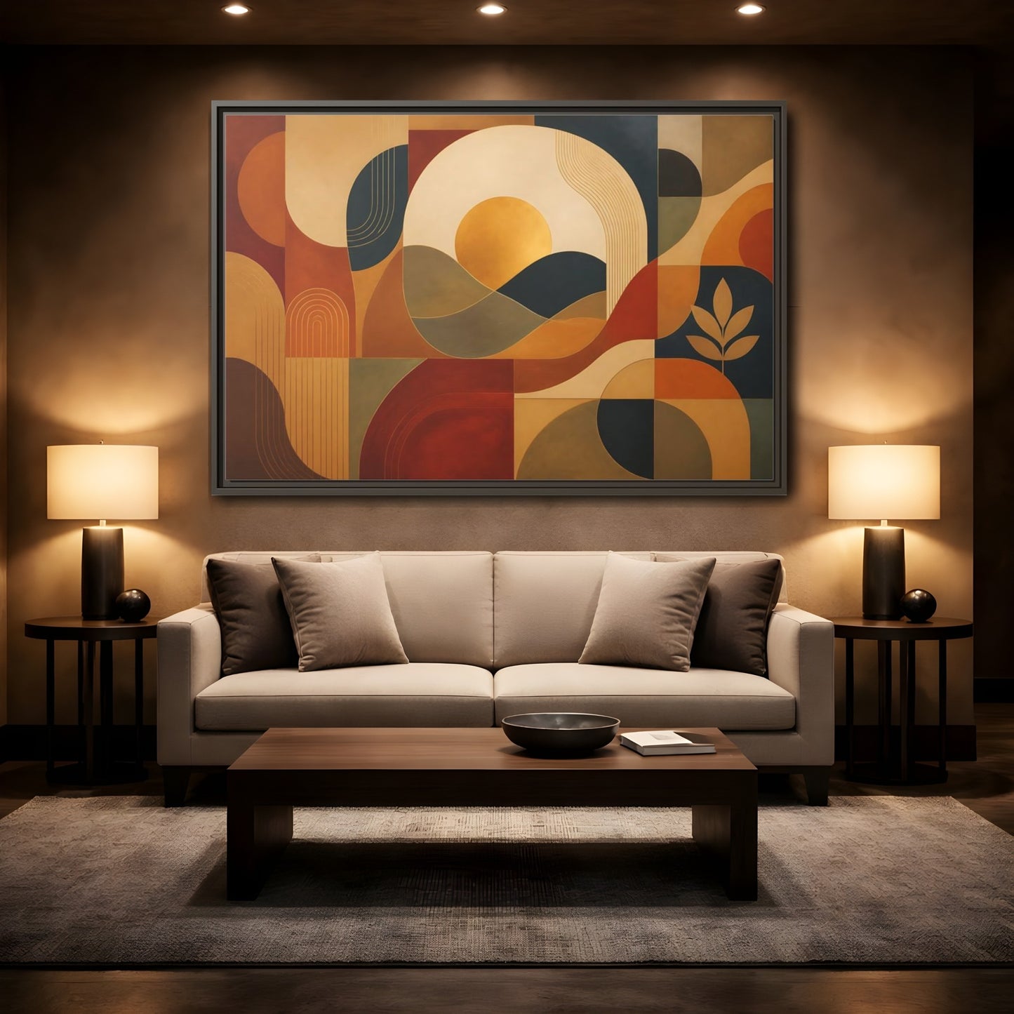 Mockup 2. Abstract Golden Sunscape shown as framed canvas print