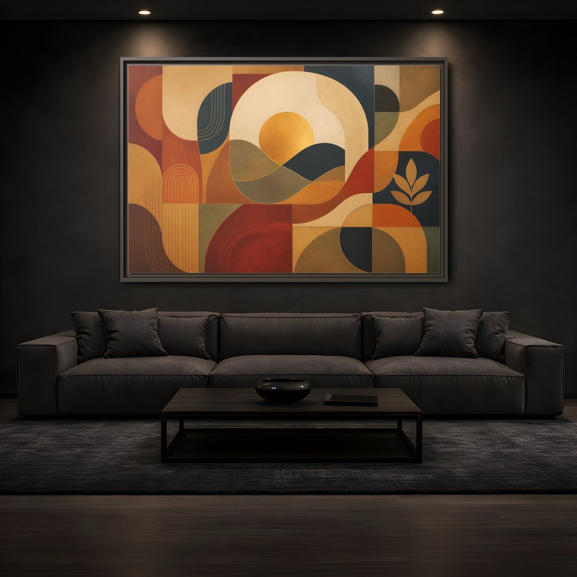 Mockup 3. Abstract Golden Sunscape shown as framed canvas print