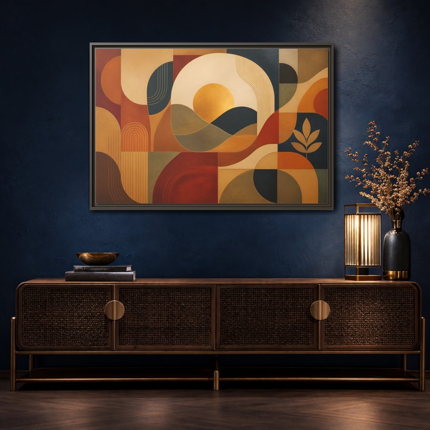 Mockup 4. Abstract Golden Sunscape shown as framed canvas print