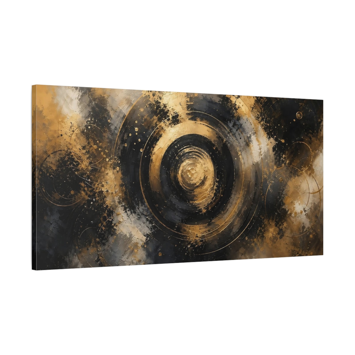 Main Mockup. Abstract Golden Swirl Black And Gold shown as stretched canvas wall art