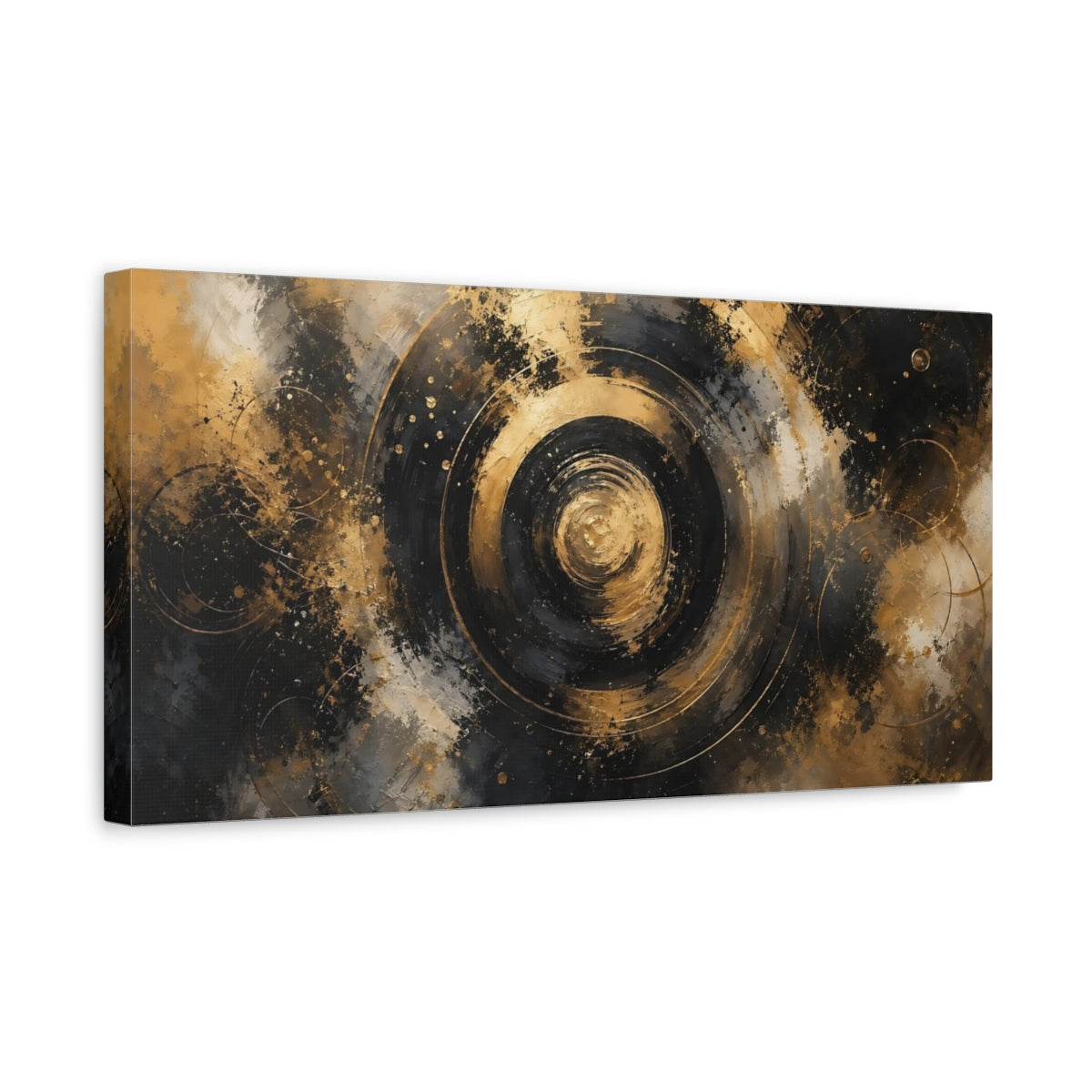 Side Mockup 3. Abstract Golden Swirl Black And Gold shown as stretched canvas wall art