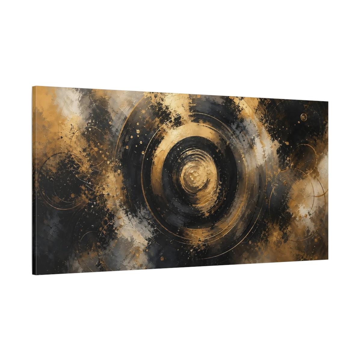 Side Mockup 2. Abstract Golden Swirl Black And Gold shown as stretched canvas wall art