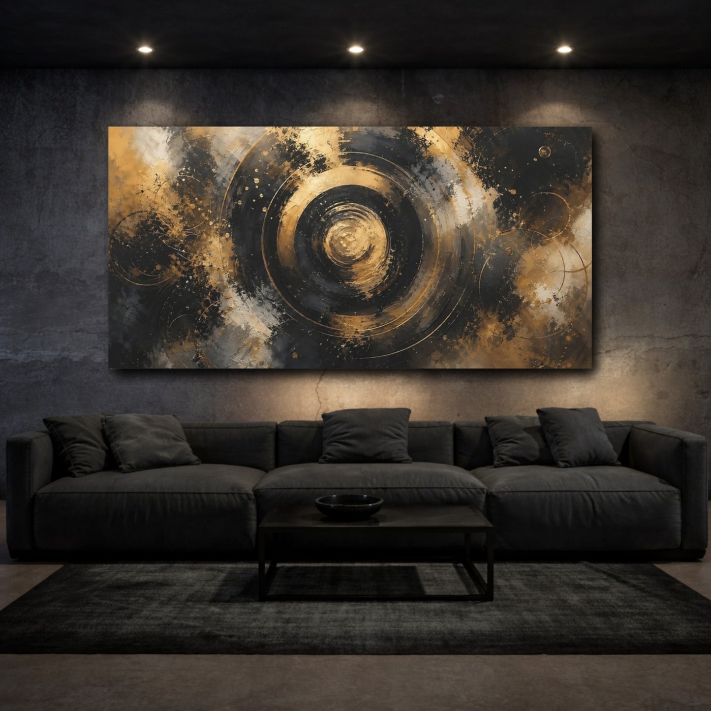 Mockup 2. Abstract Golden Swirl Black And Gold shown as stretched canvas wall art