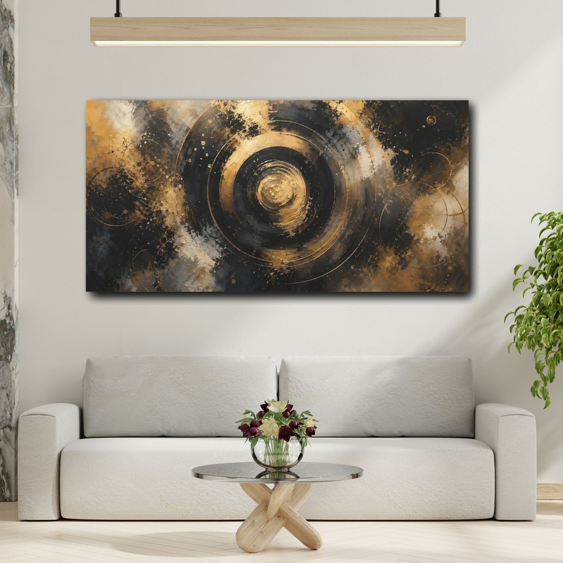 Mockup 3. Abstract Golden Swirl Black And Gold shown as stretched canvas wall art