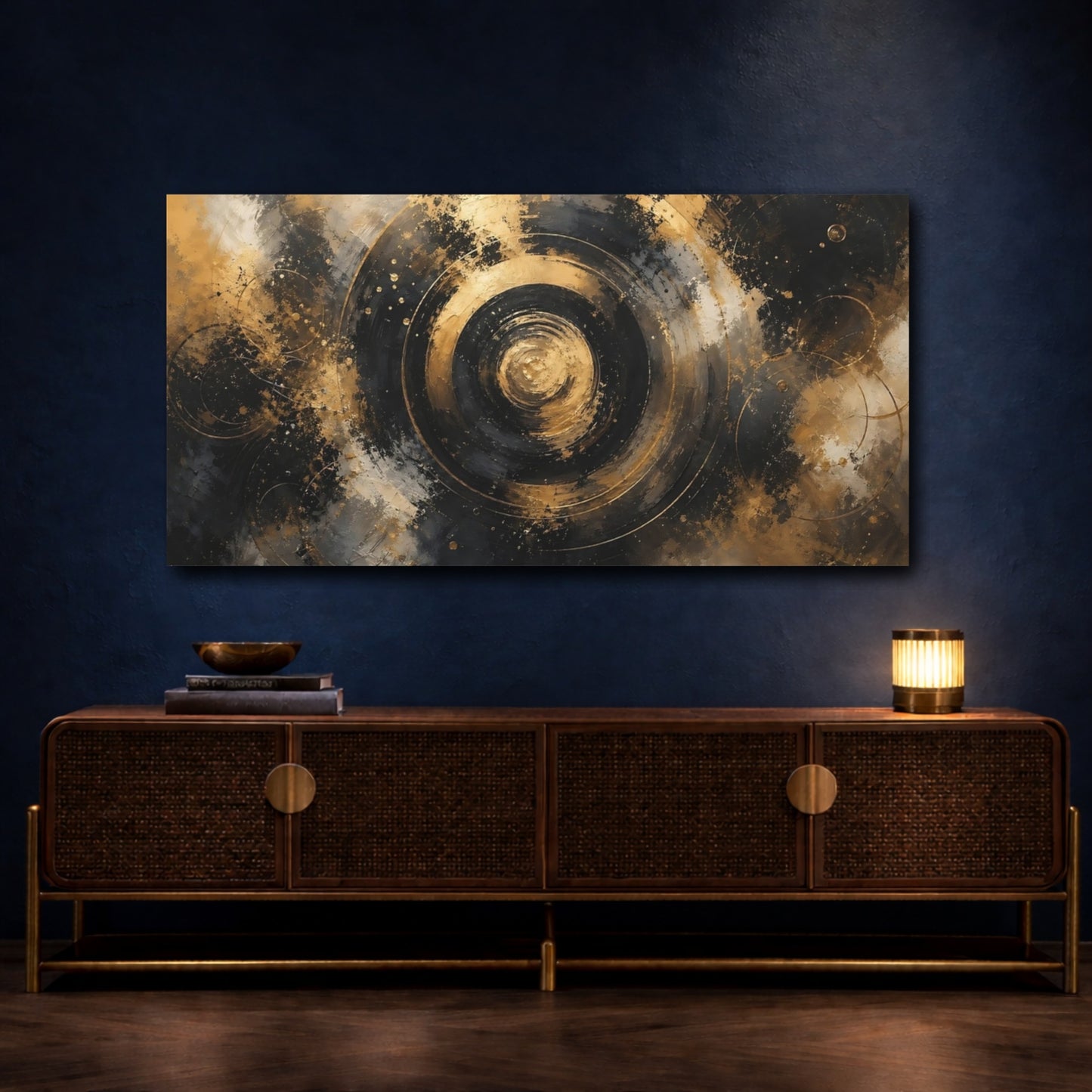 Mockup 4. Abstract Golden Swirl Black And Gold shown as stretched canvas wall art