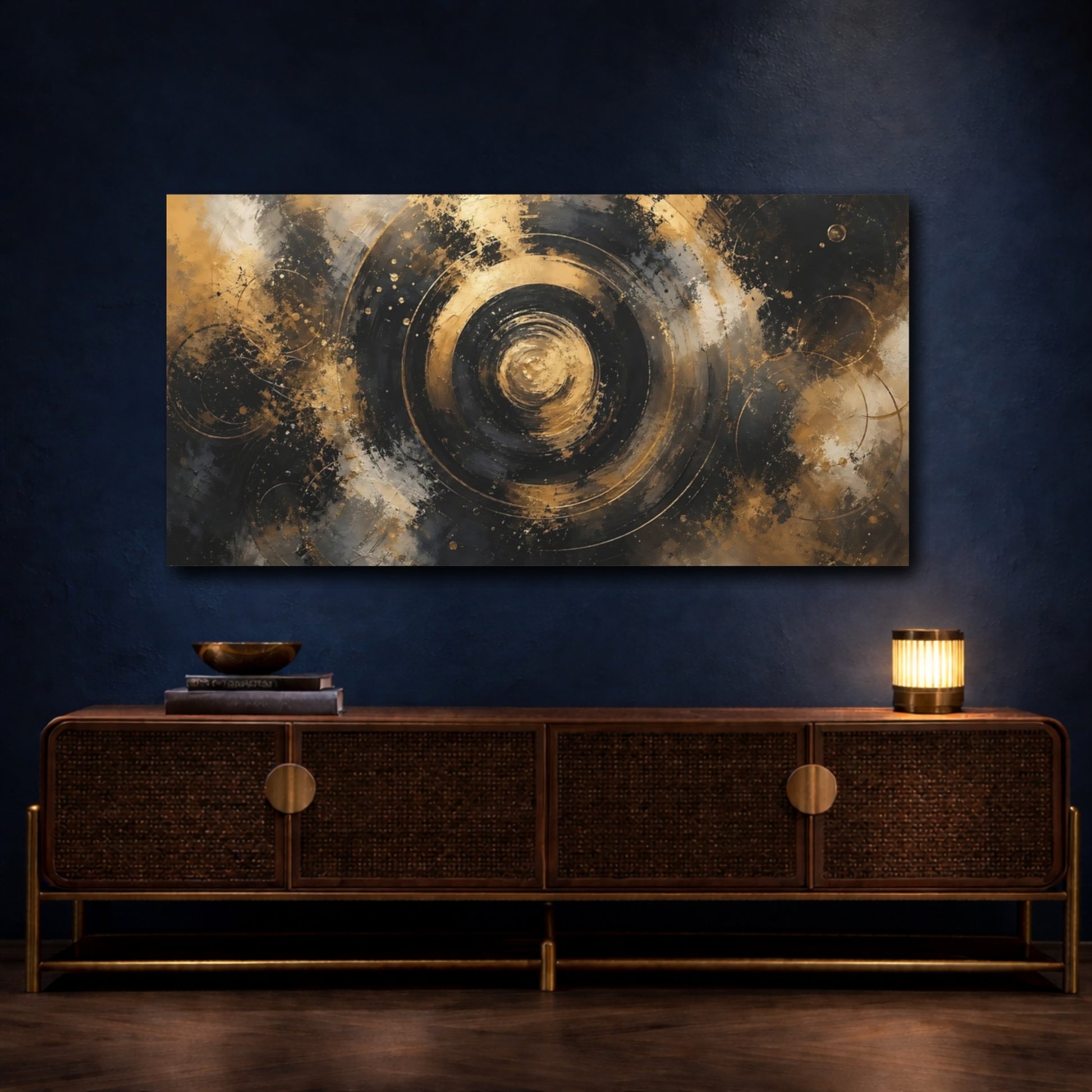 Mockup 4. Abstract Golden Swirl Black And Gold shown as stretched canvas wall art