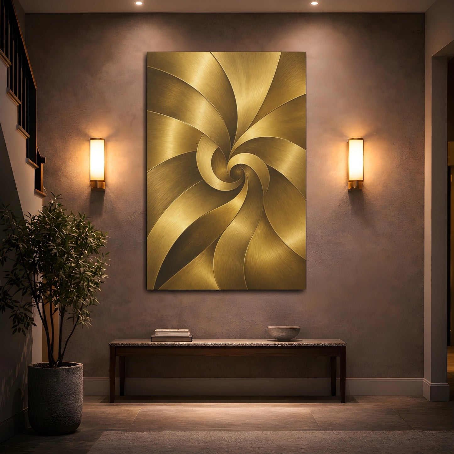 Mockup 2. Abstract Golden Swirl Gold Abstract shown as stretched canvas wall art