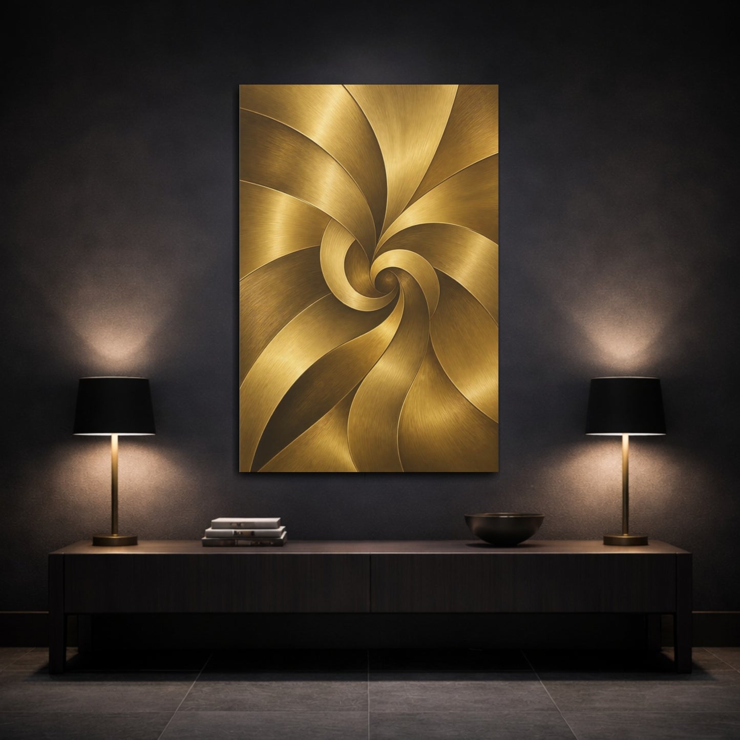 Mockup 3. Abstract Golden Swirl Gold Abstract shown as stretched canvas wall art