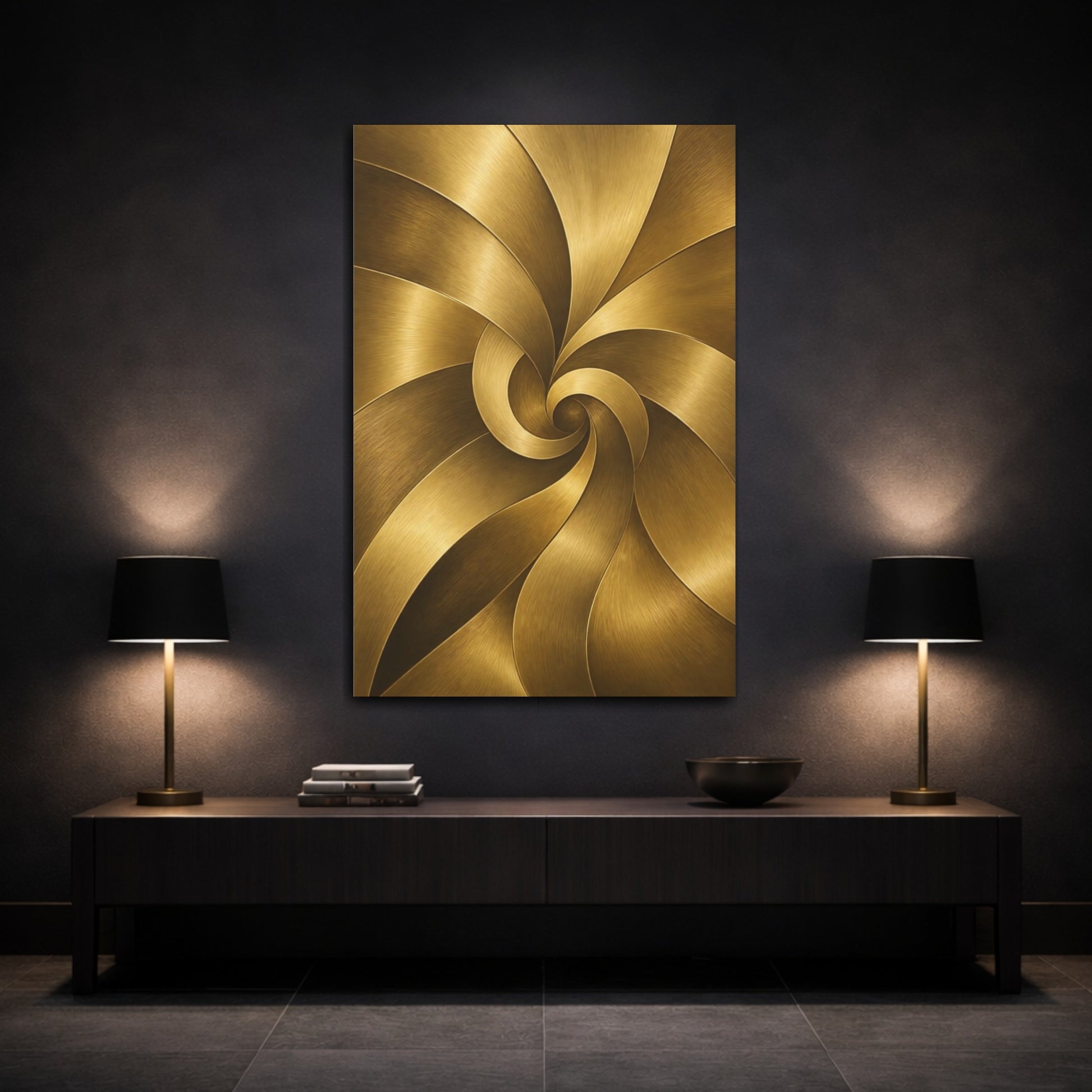 Mockup 3. Abstract Golden Swirl Gold Abstract shown as stretched canvas wall art