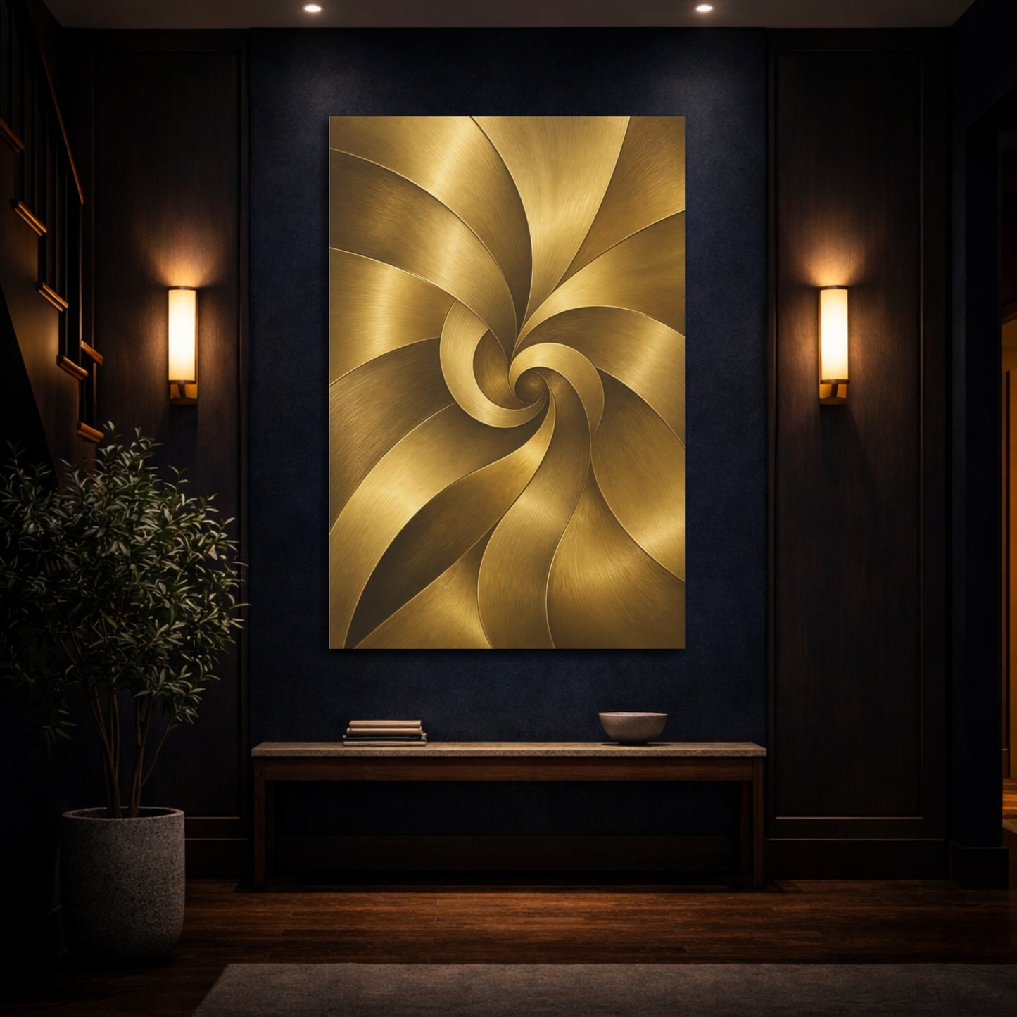 Mockup 4. Abstract Golden Swirl Gold Abstract shown as stretched canvas wall art