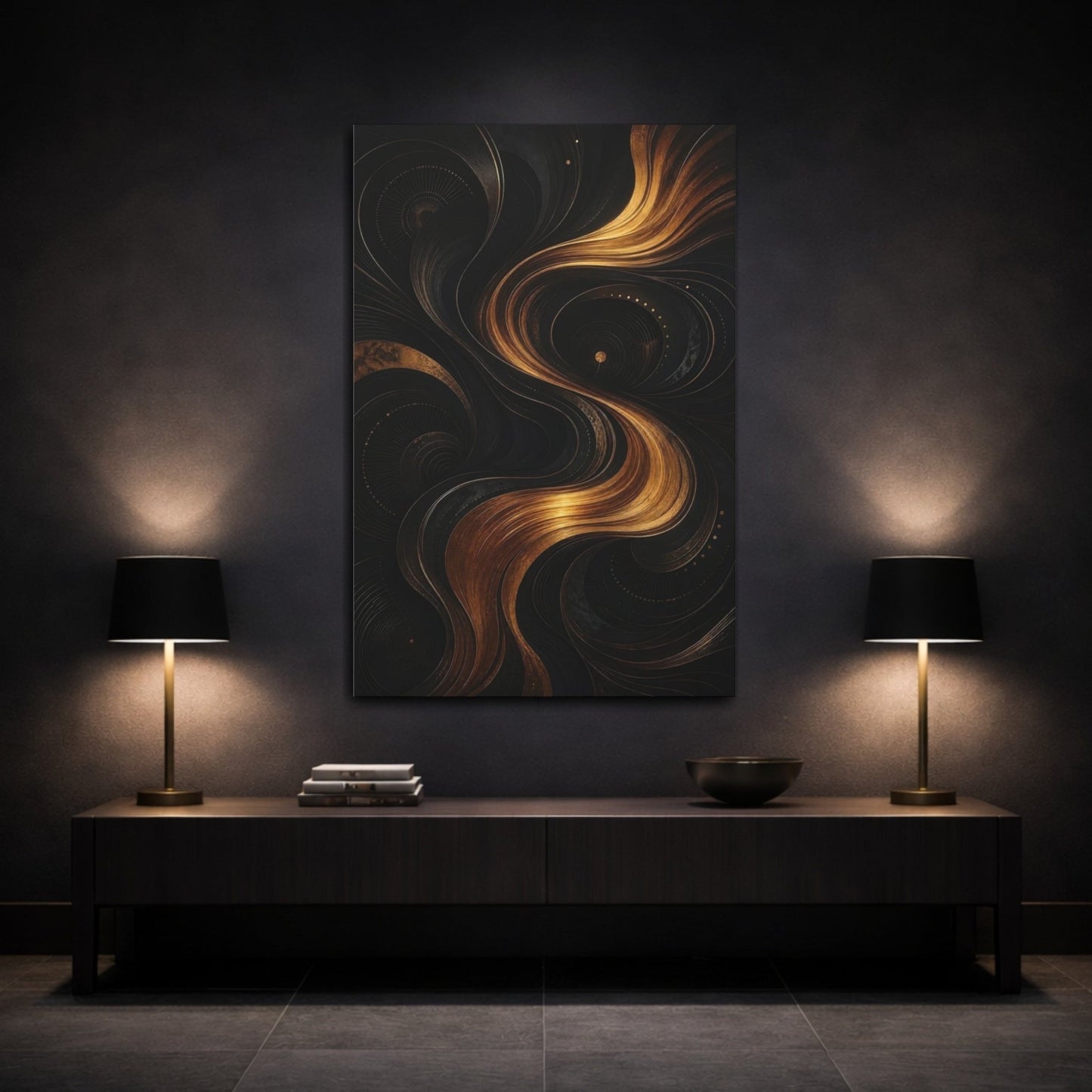 Abstract Golden Swirls Black And Gold Canvas Wall Art Print – modern Living Room, Above Sofa - YesArtYes