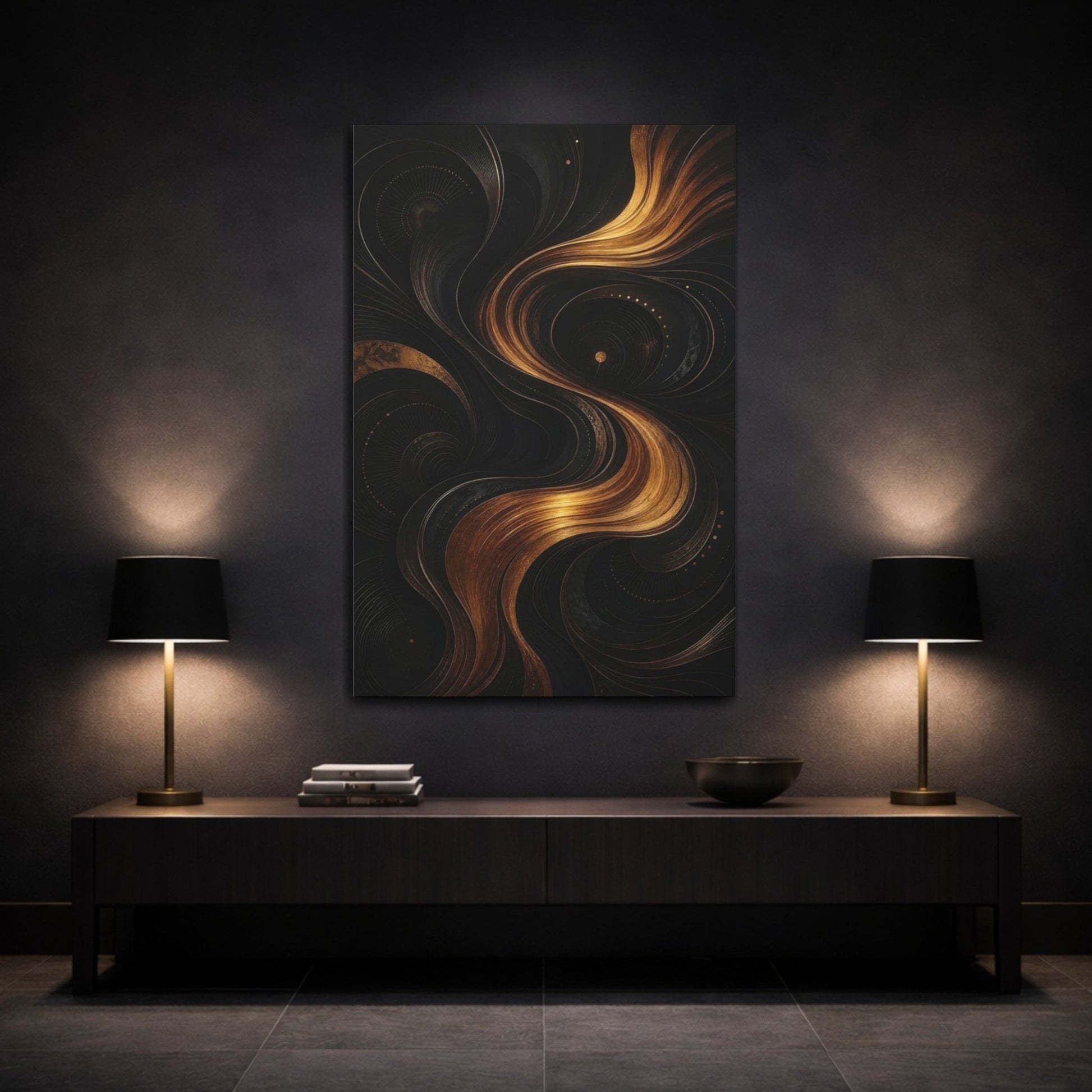 Abstract Golden Swirls Black And Gold Canvas Wall Art Print – modern Living Room, Above Sofa - YesArtYes
