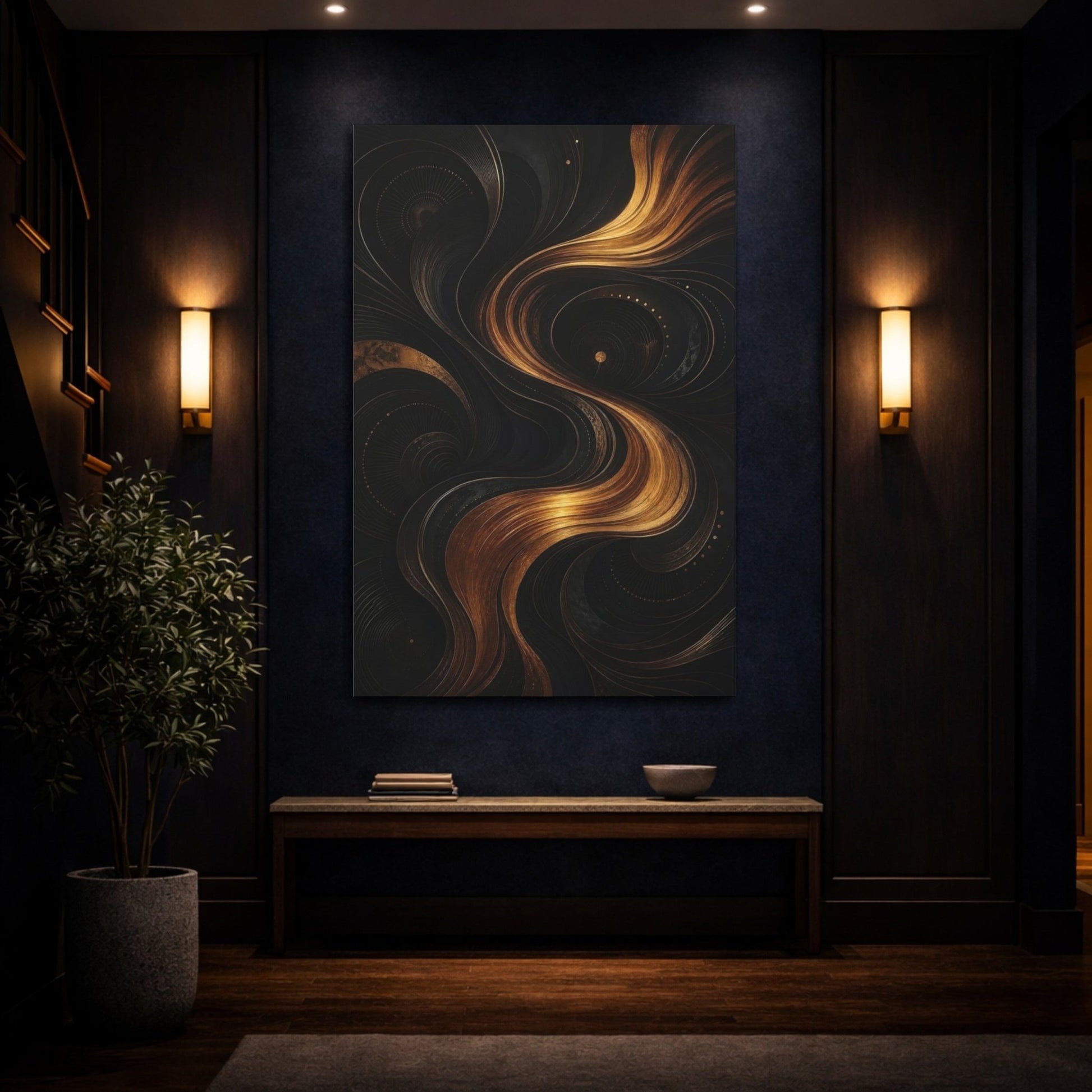 Abstract Golden Swirls Black And Gold Canvas Wall Art Print – modern Living Room, Above Sofa - YesArtYes