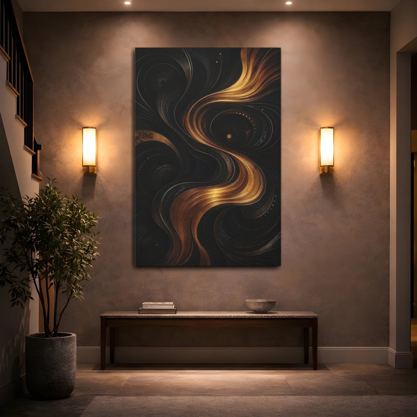 Abstract Golden Swirls Black And Gold Canvas Wall Art Print – modern Living Room, Above Sofa - YesArtYes