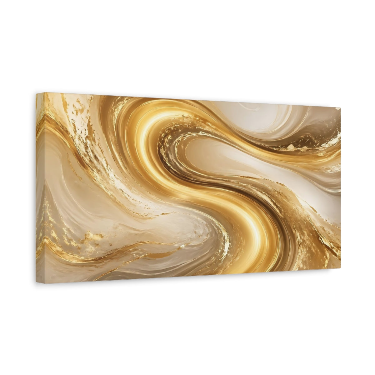 Side Mockup 3. Abstract Golden Swirls Gold And Beige shown as stretched canvas wall art