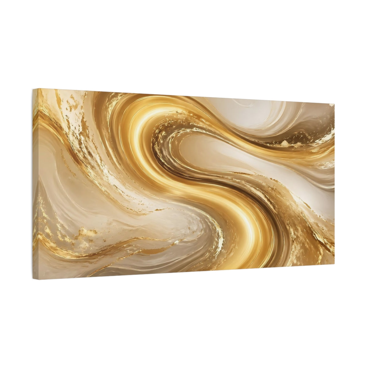 Side Mockup 1. Abstract Golden Swirls Gold And Beige shown as stretched canvas wall art
