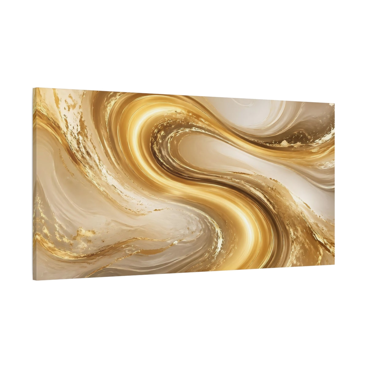 Side Mockup 2. Abstract Golden Swirls Gold And Beige shown as stretched canvas wall art