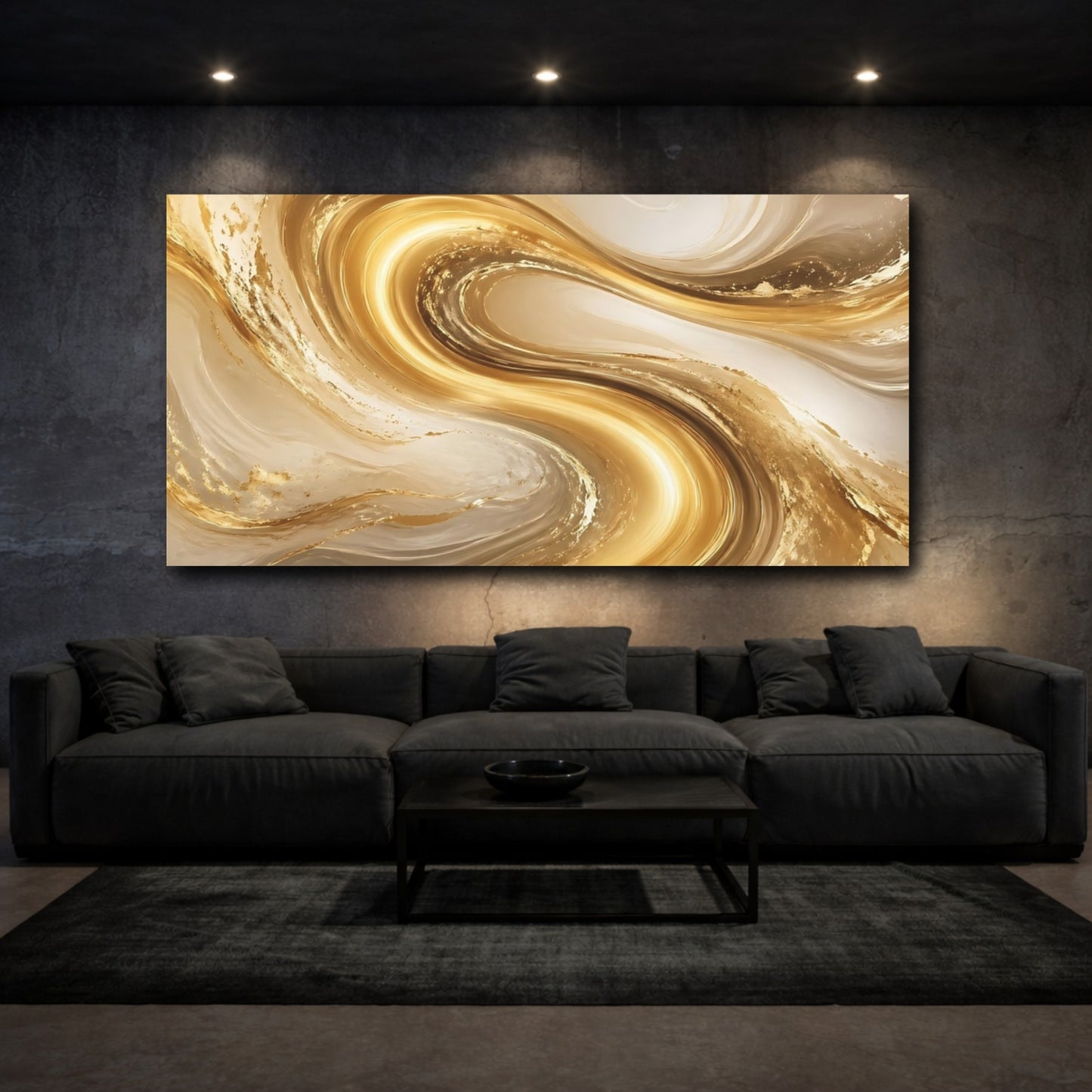 Mockup 2. Abstract Golden Swirls Gold And Beige shown as stretched canvas wall art