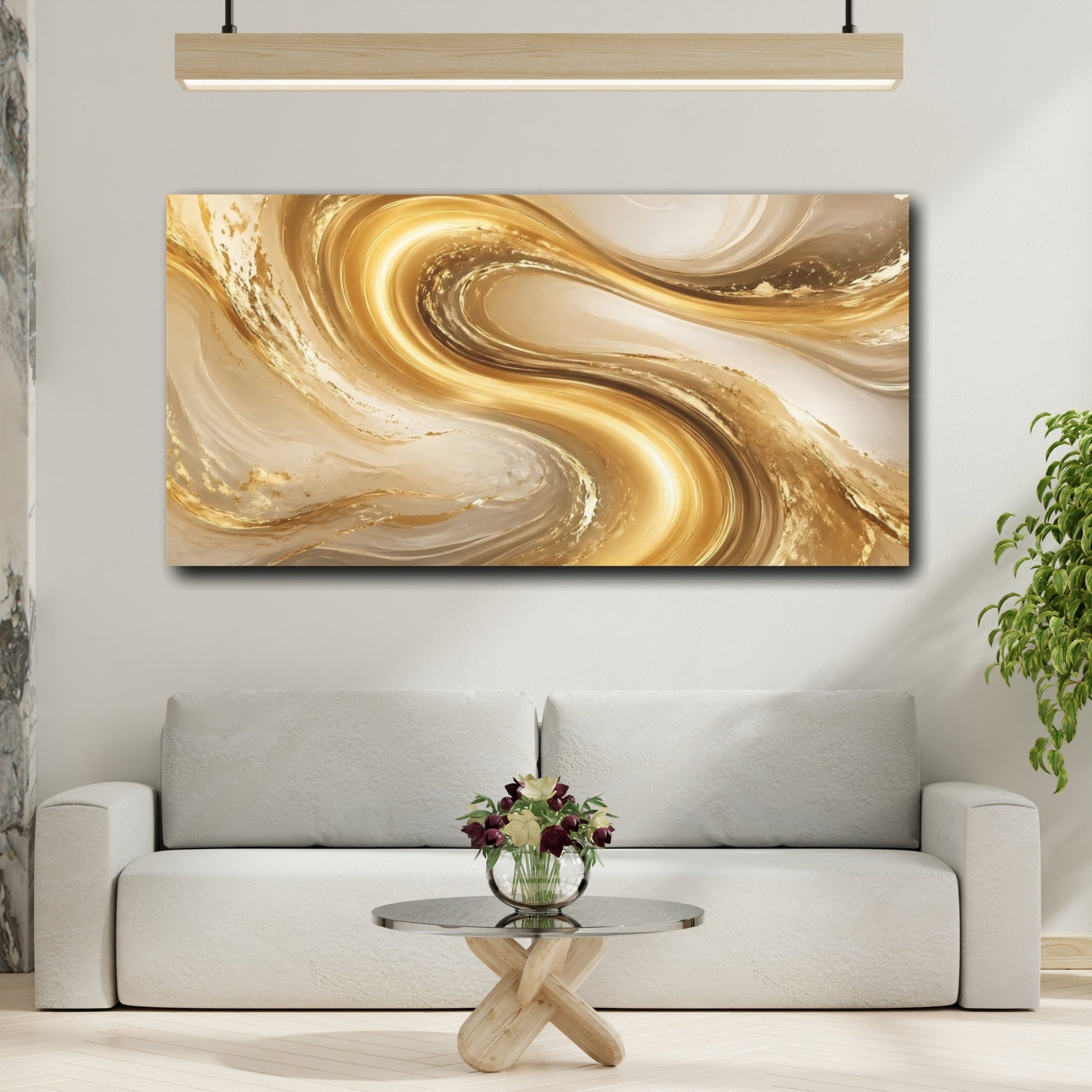 Mockup 3. Abstract Golden Swirls Gold And Beige shown as stretched canvas wall art