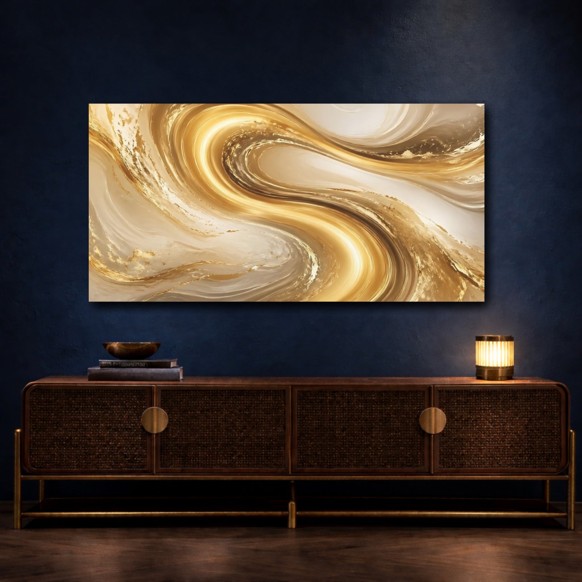 Mockup 4. Abstract Golden Swirls Gold And Beige shown as stretched canvas wall art