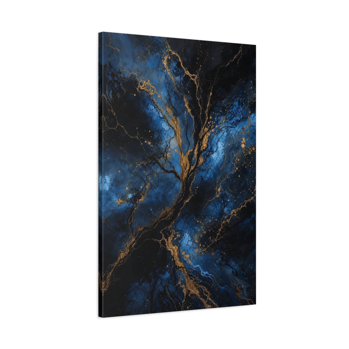 Main Mockup. Abstract Golden Tree Blue And Gold shown as stretched canvas wall art