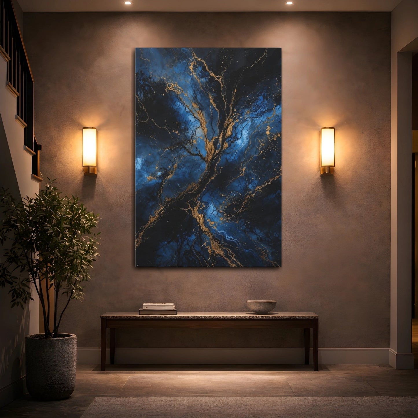 Abstract Golden Tree Blue And Gold Canvas Wall Art Print – Living Room, Above Sofa - YesArtYes