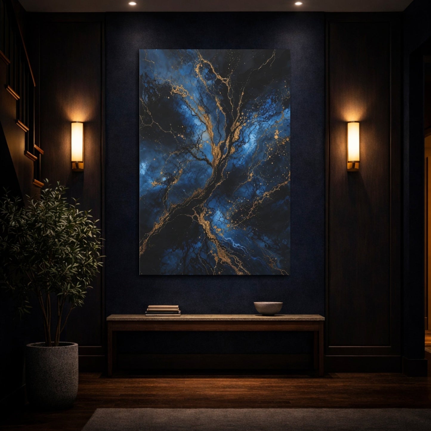 Abstract Golden Tree Blue And Gold Canvas Wall Art Print – Living Room, Above Sofa - YesArtYes