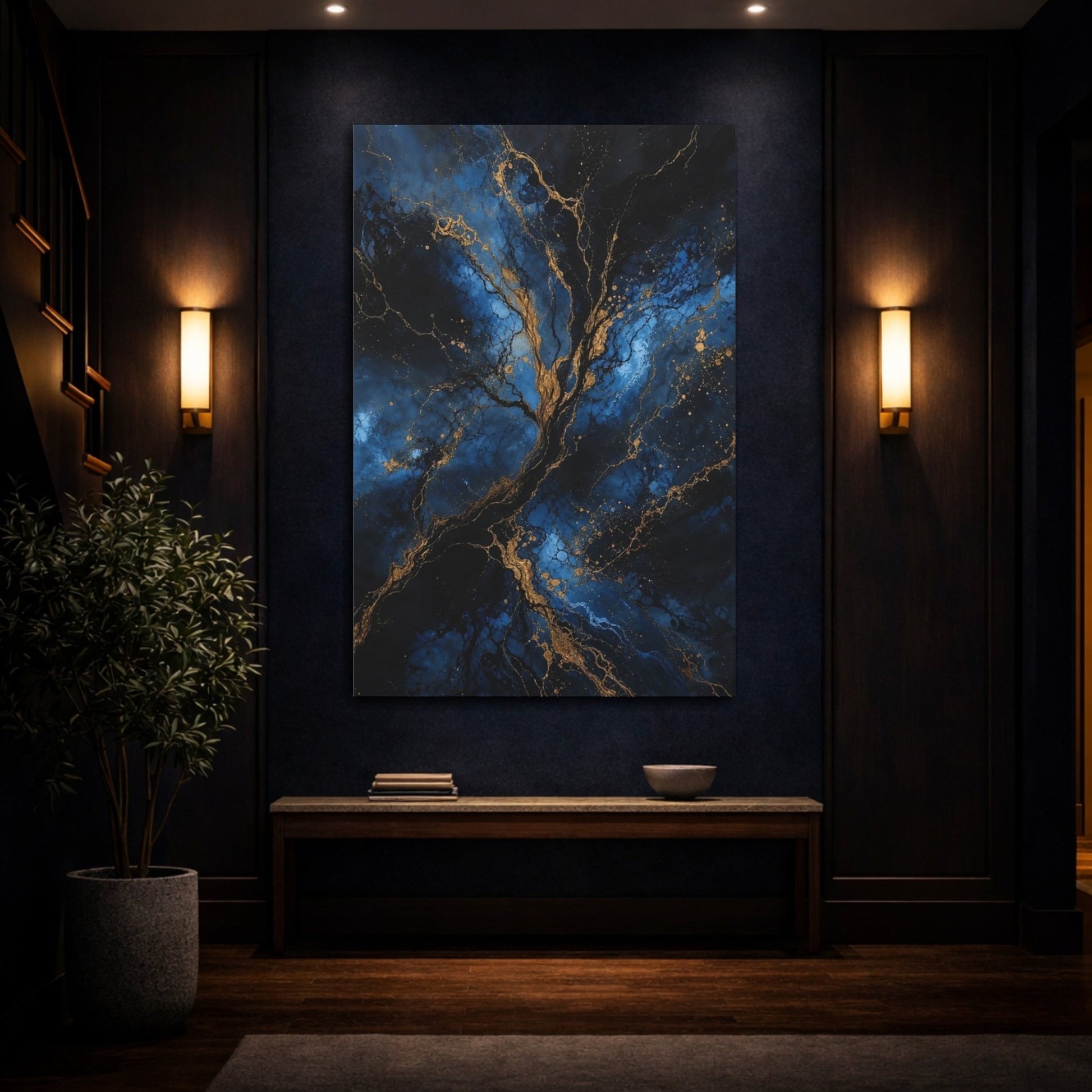 Abstract Golden Tree Blue And Gold Canvas Wall Art Print – Living Room, Above Sofa - YesArtYes