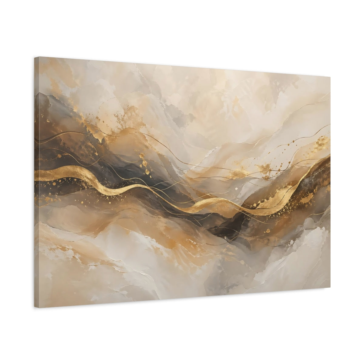 Main Mockup. Abstract Golden Waves Abstract Gold shown as stretched canvas wall art