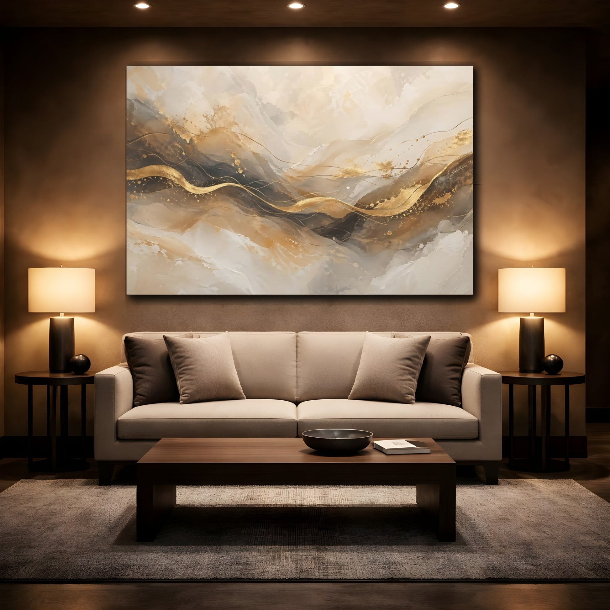Mockup 2. Abstract Golden Waves Abstract Gold shown as stretched canvas wall art