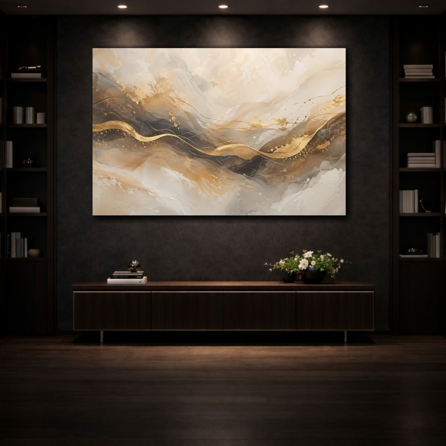 Mockup 3. Abstract Golden Waves Abstract Gold shown as stretched canvas wall art