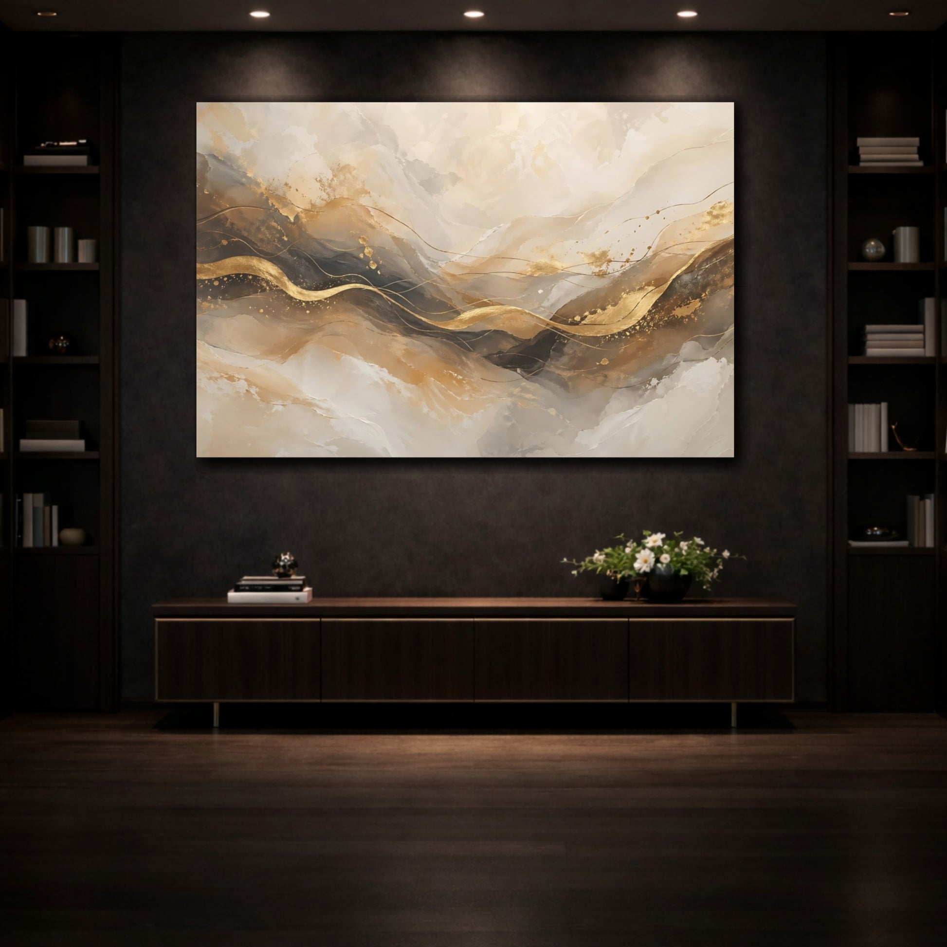 Mockup 3. Abstract Golden Waves Abstract Gold shown as stretched canvas wall art