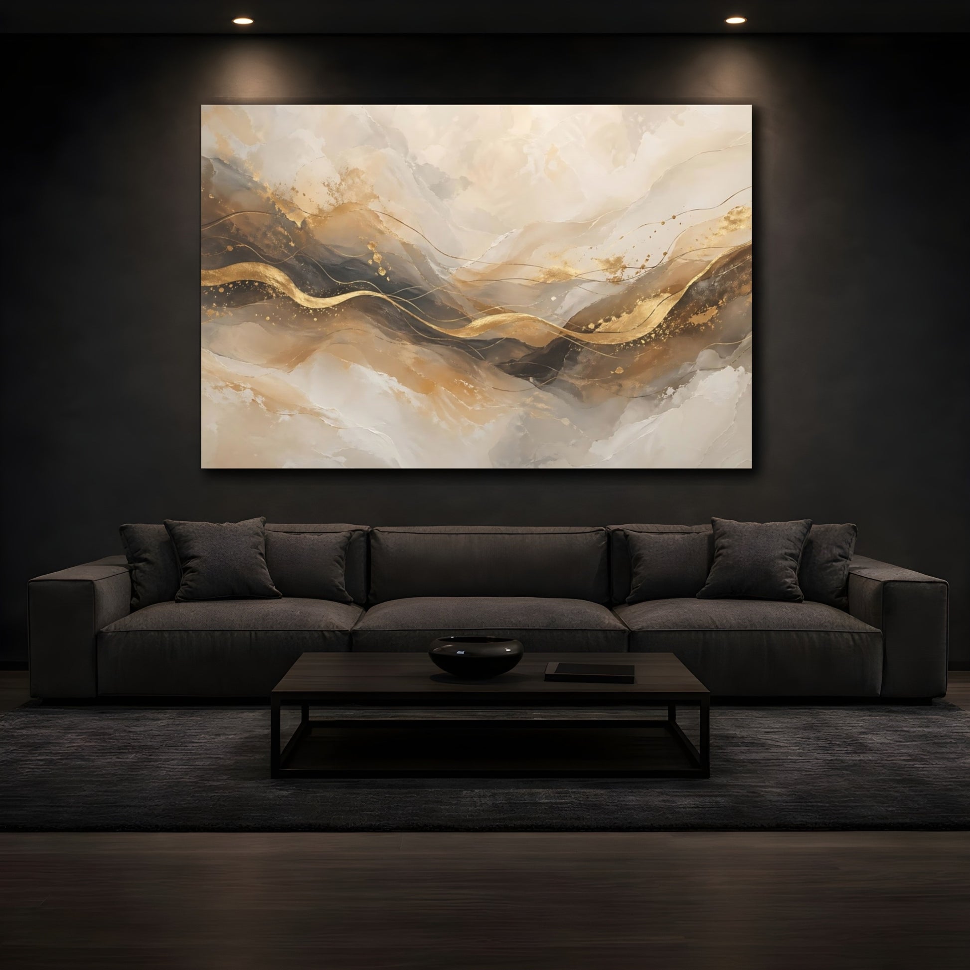 Mockup 4. Abstract Golden Waves Abstract Gold shown as stretched canvas wall art