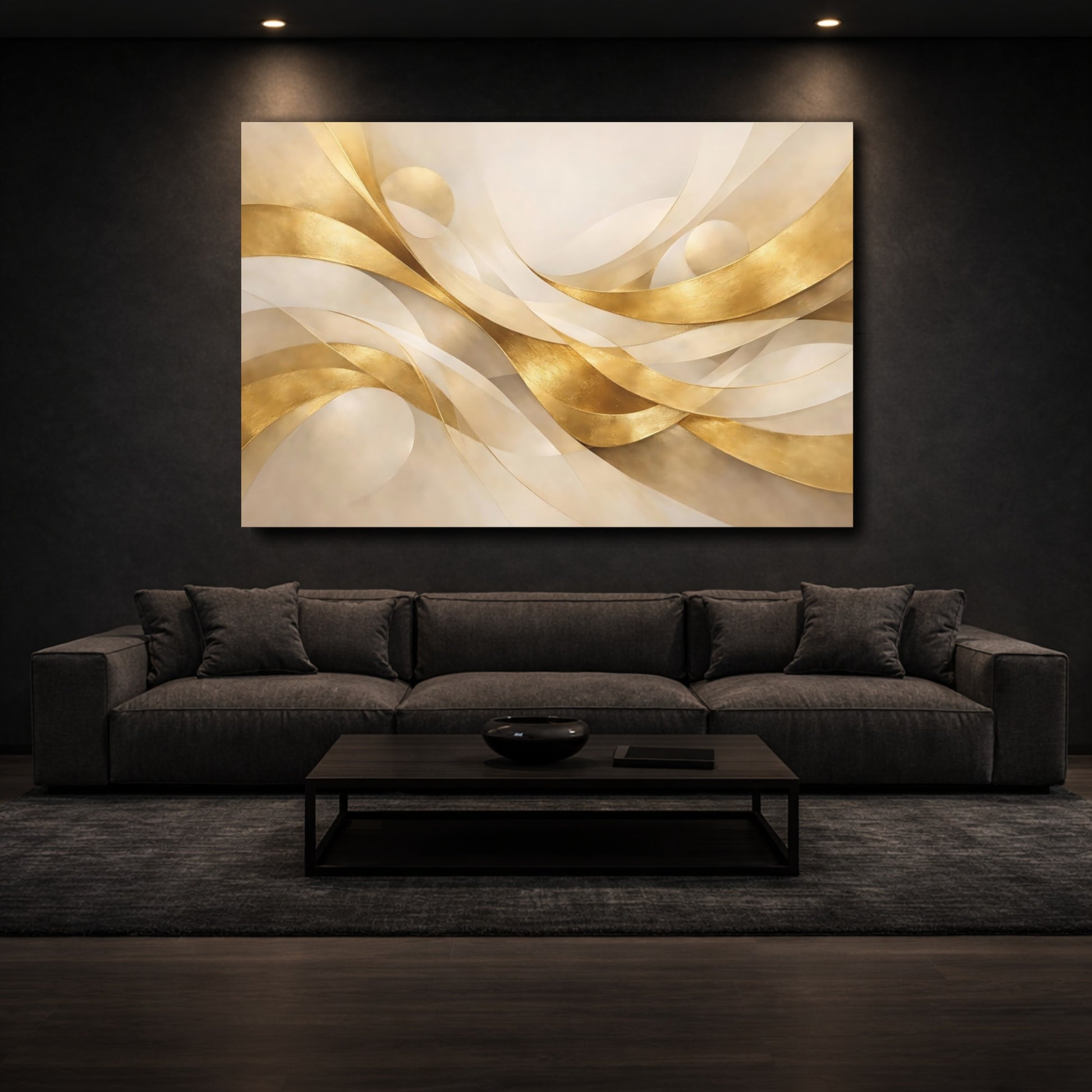 Mockup 2. Abstract Golden Waves Gold Abstract shown as stretched canvas wall art