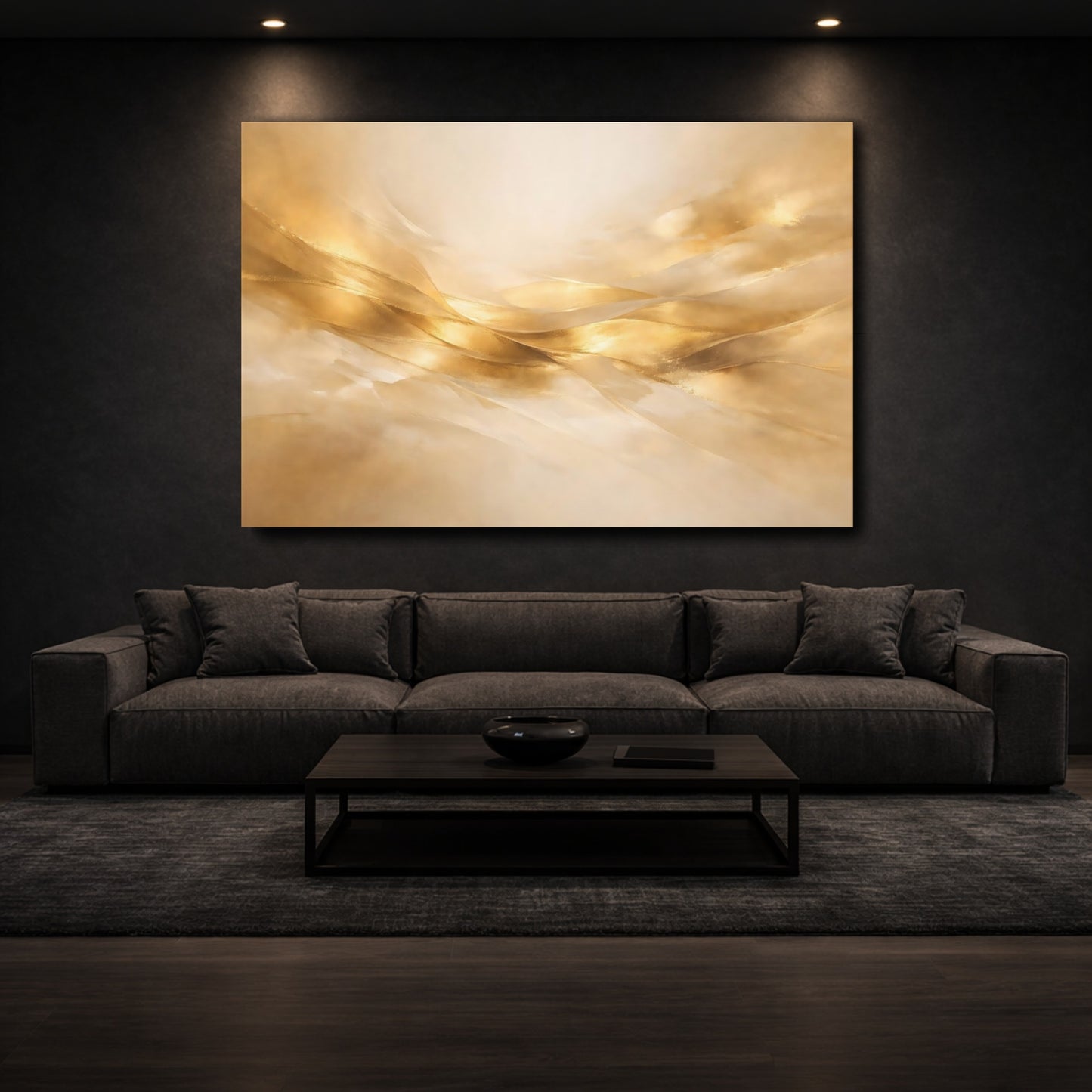Mockup 2. Abstract Golden Waves Gold Abstract shown as stretched canvas wall art