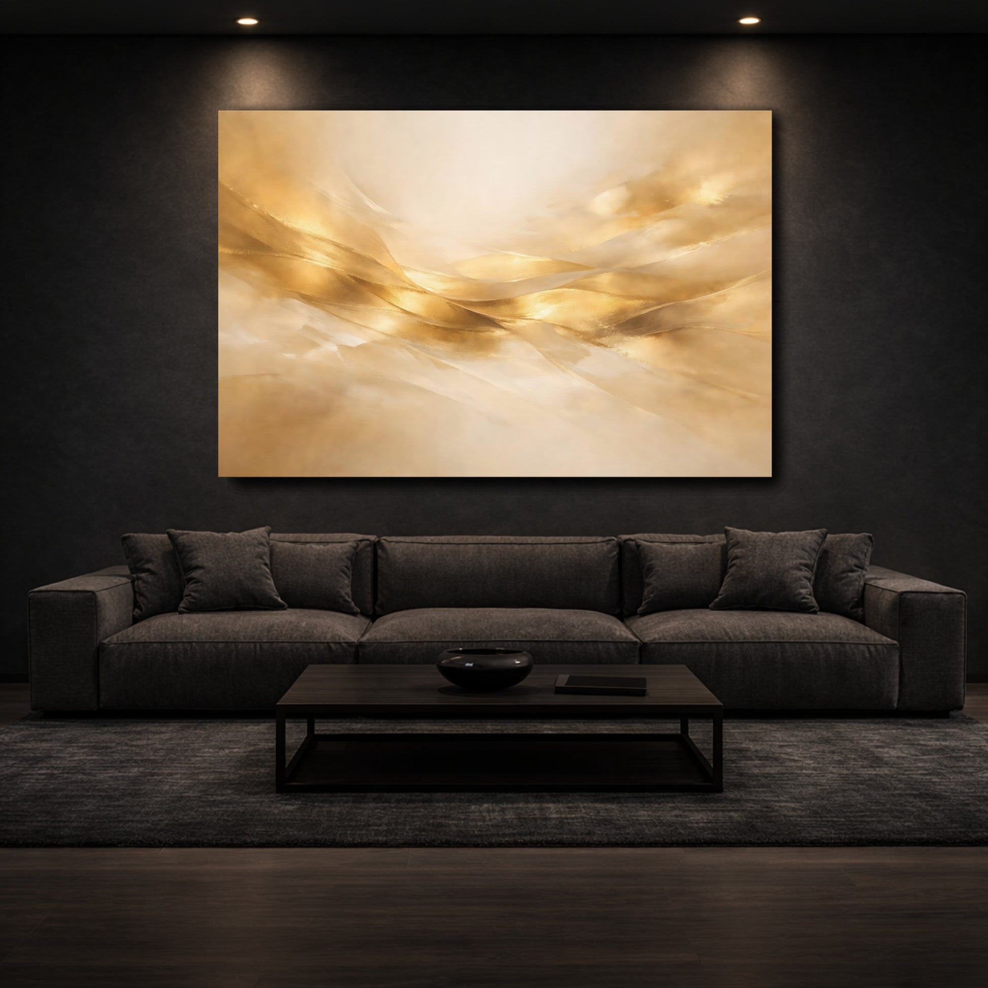 Mockup 2. Abstract Golden Waves Gold Abstract shown as stretched canvas wall art