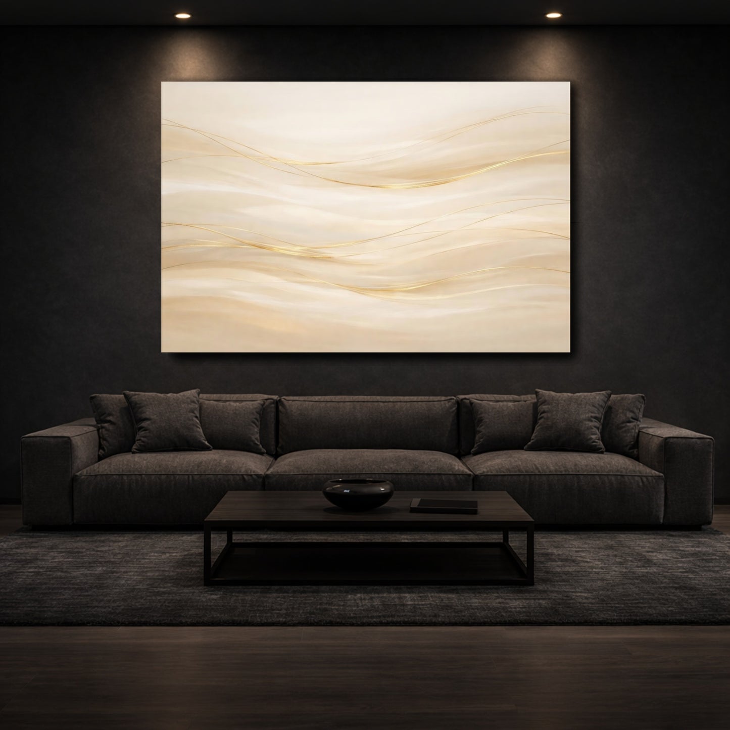 Mockup 2. Abstract Golden Waves Gold Abstract shown as stretched canvas wall art