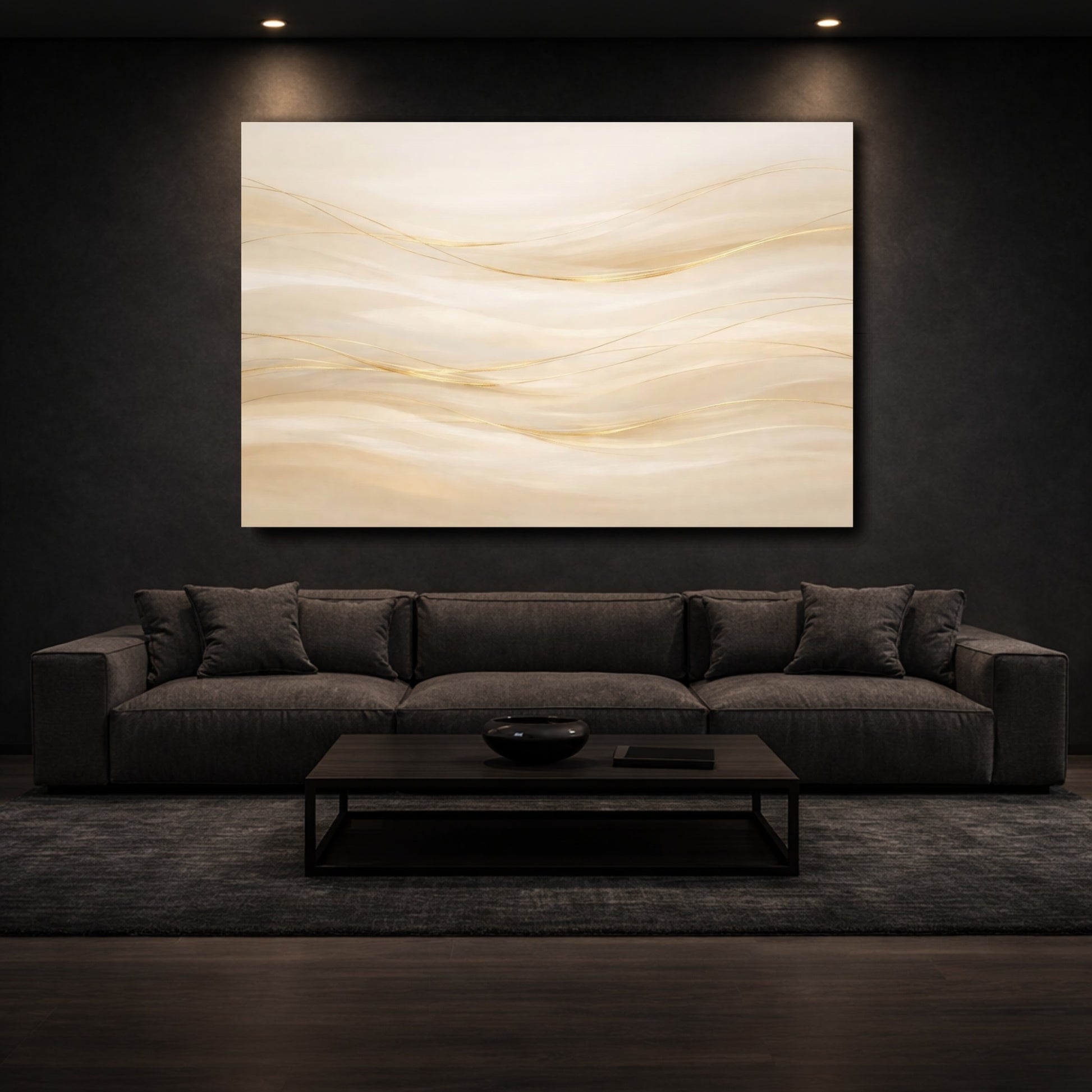 Mockup 2. Abstract Golden Waves Gold Abstract shown as stretched canvas wall art