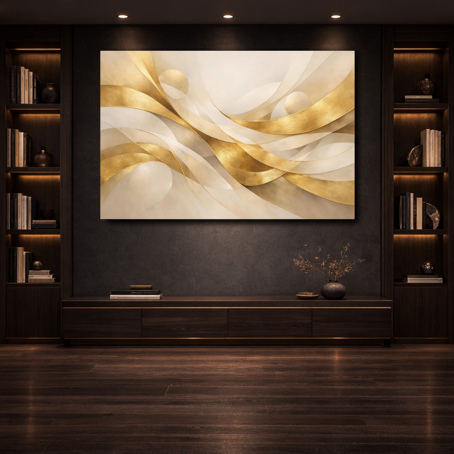 Mockup 3. Abstract Golden Waves Gold Abstract shown as stretched canvas wall art