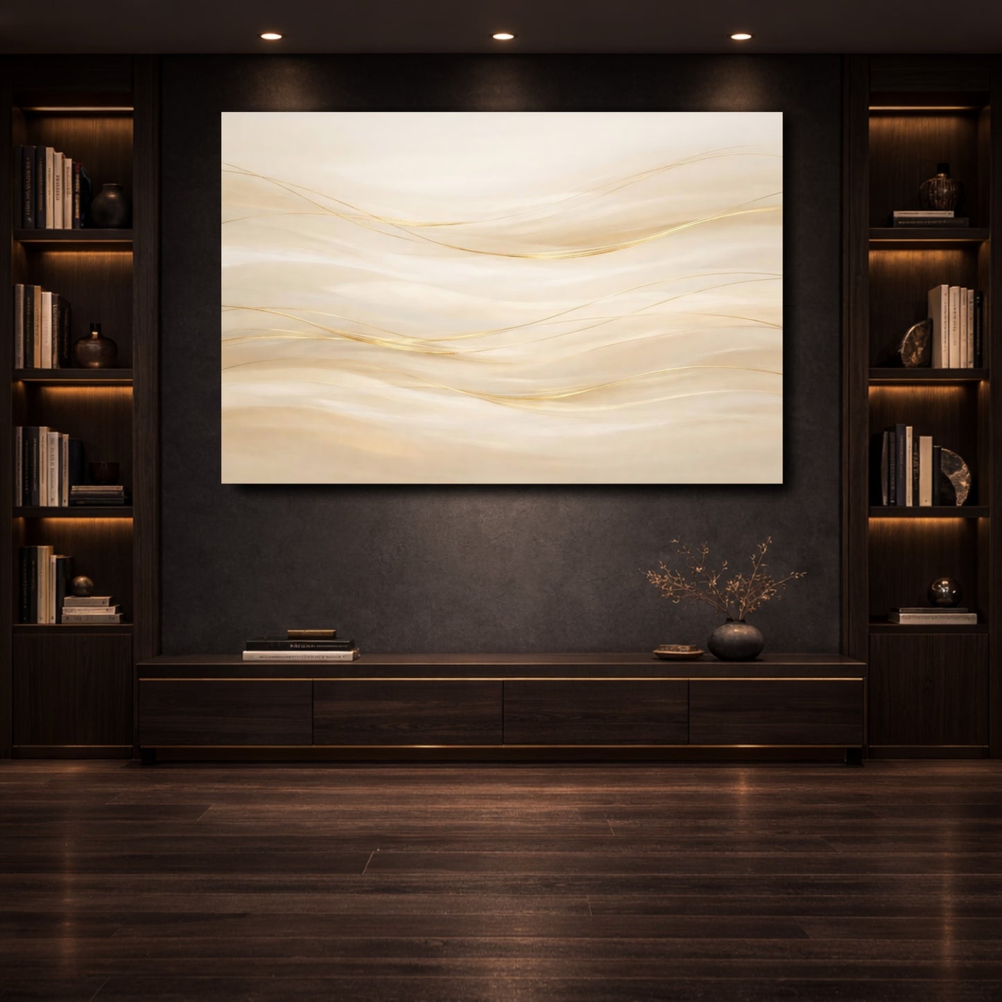 Mockup 3. Abstract Golden Waves Gold Abstract shown as stretched canvas wall art