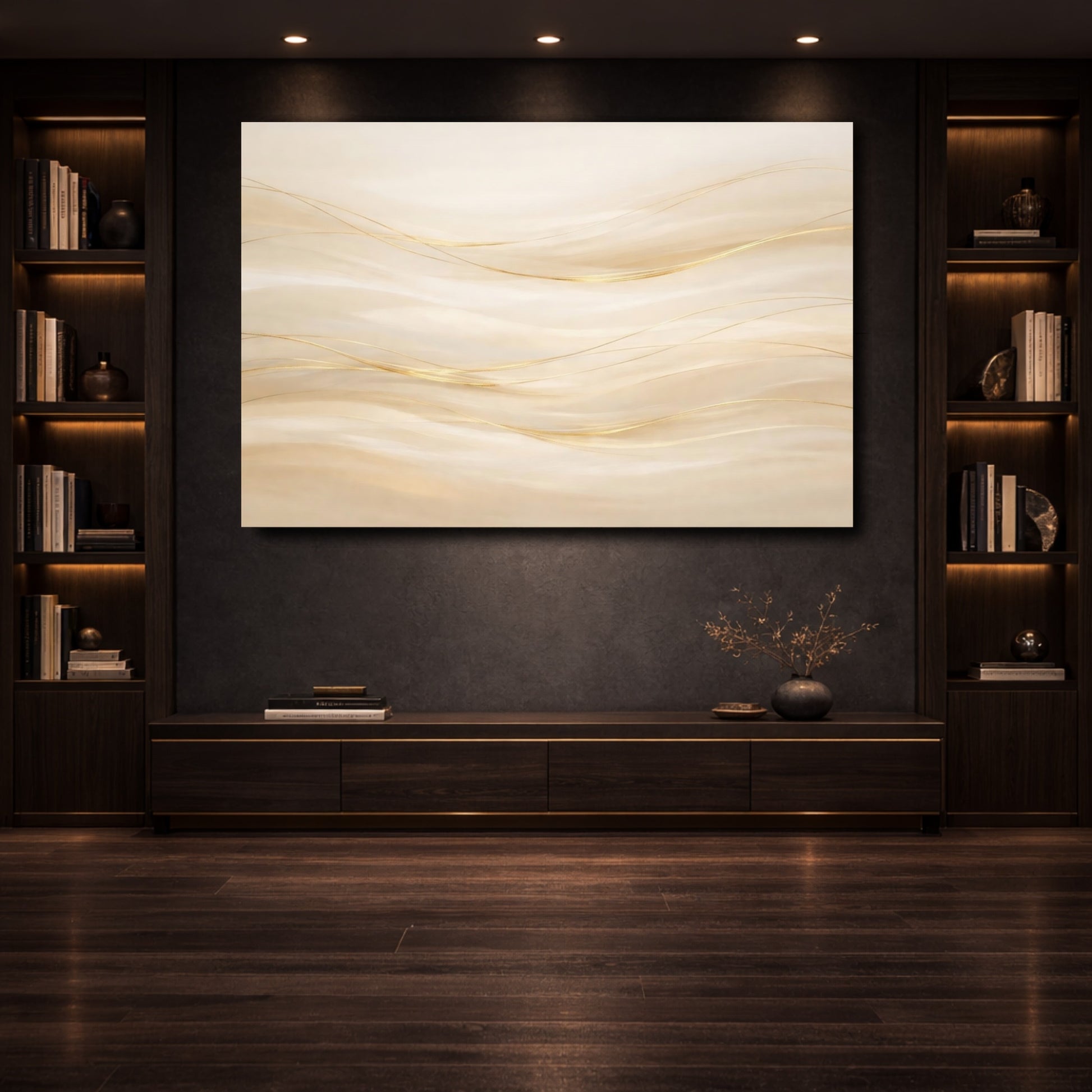 Mockup 3. Abstract Golden Waves Gold Abstract shown as stretched canvas wall art