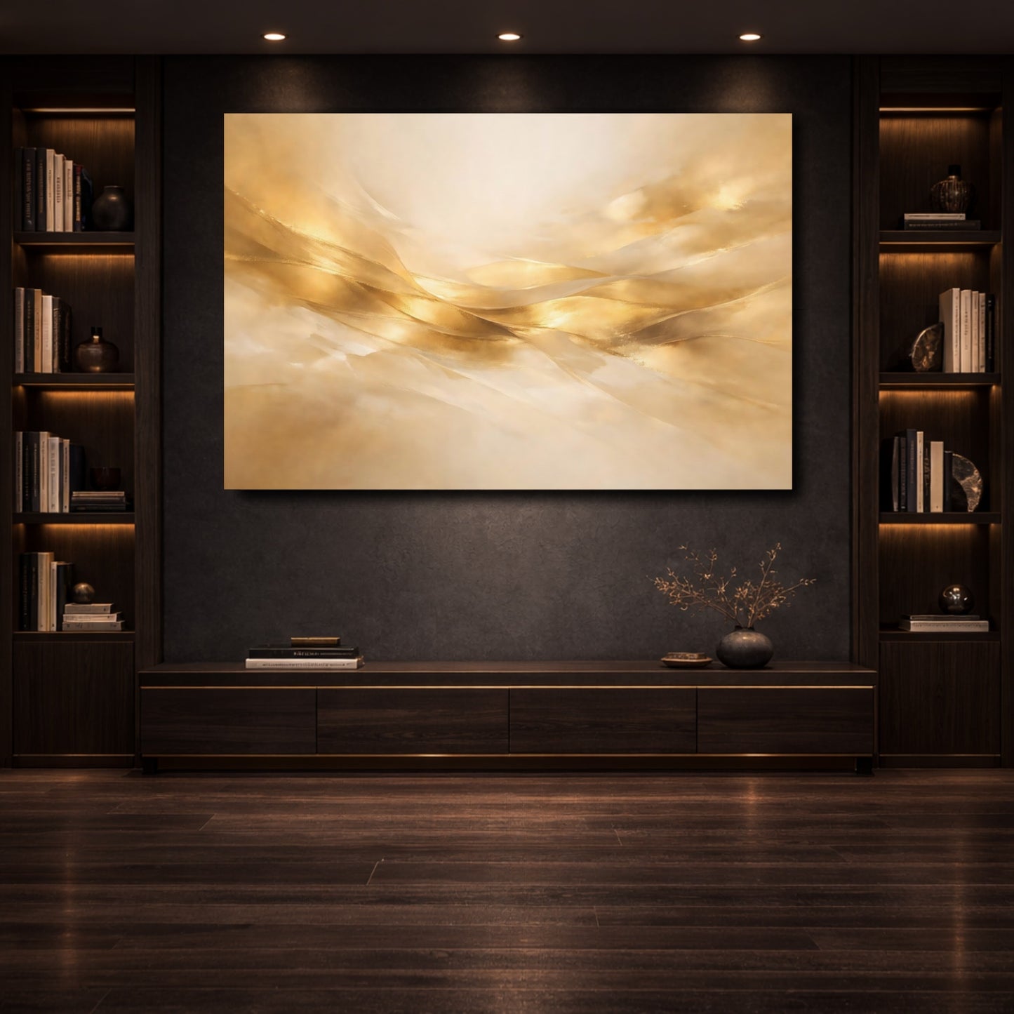 Mockup 3. Abstract Golden Waves Gold Abstract shown as stretched canvas wall art